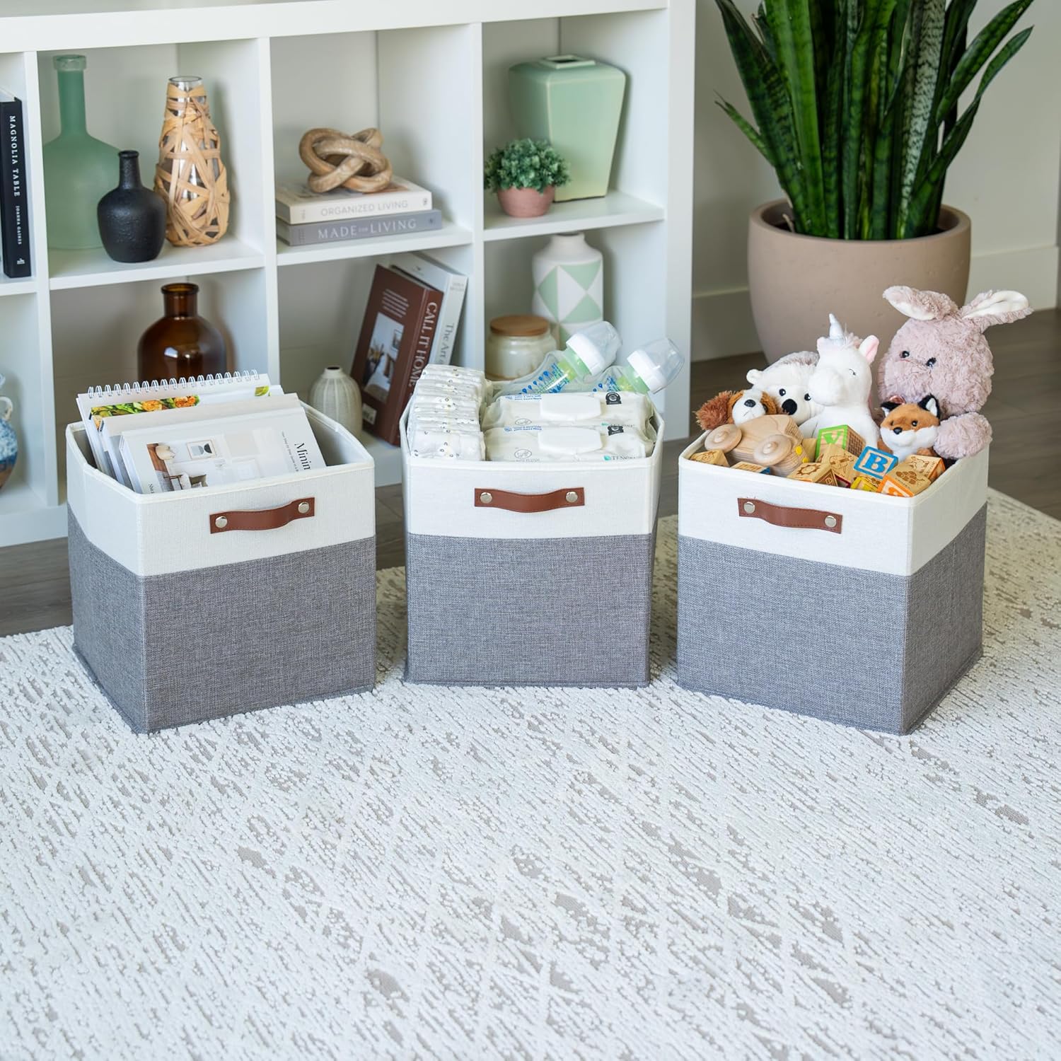 OrganiHaus 12" x 12" x 12" Fabric Cube Storage Bins - Set of 4, Cube Fabric Organizer Bins with Vegan Handles, Kallax Storage Cubes, 12Inch Cubic Baskets for Shelves - Grey / White