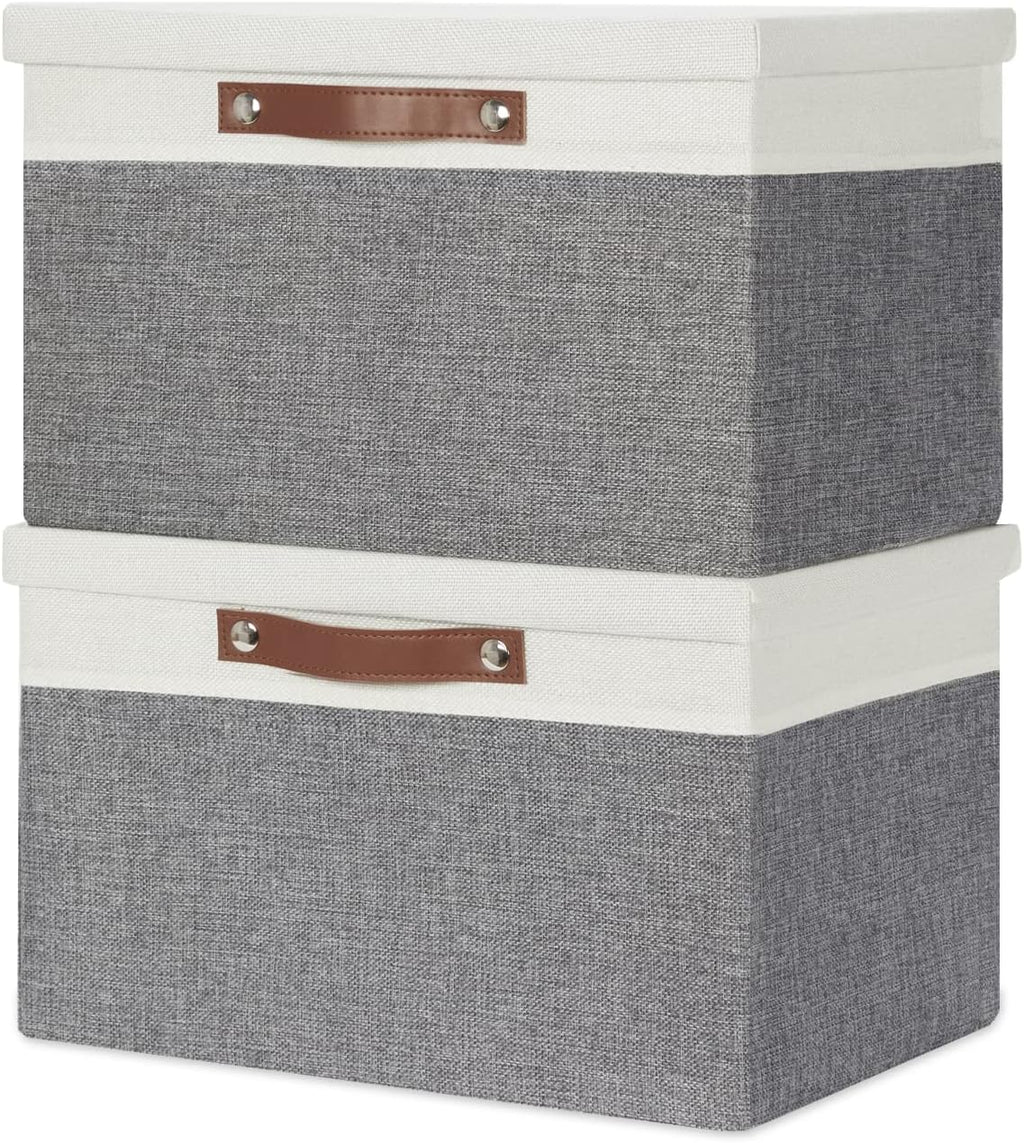 Temary Collapsible Storage Bins Storage Boxes with lid, 2 Pack Storage Baskets with Lid Organizing Clothes, Decorative Organizer Bins with Handles (White&Gray, 15x11x9.5inch)