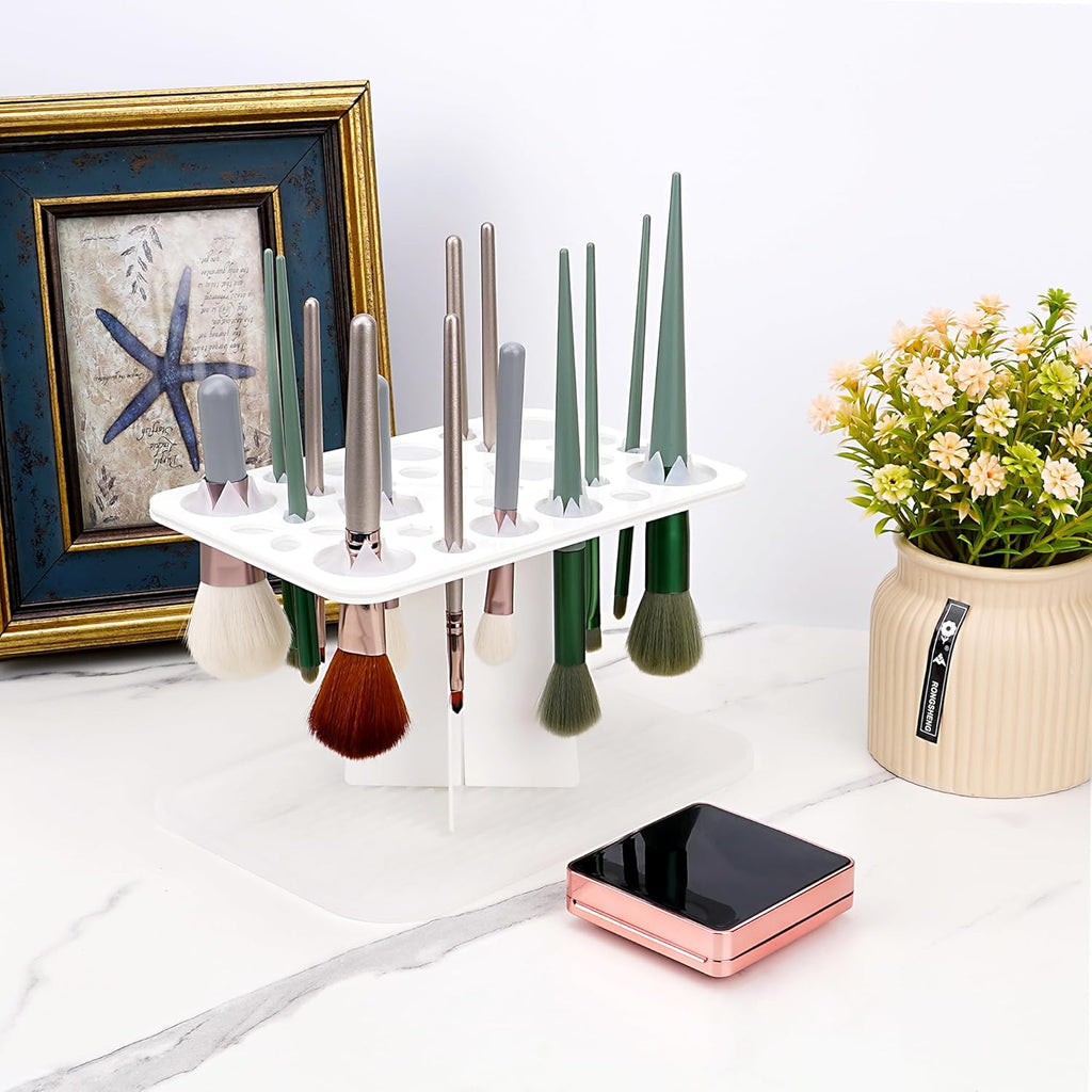 Makeup Brushes Drying Rack with Mat, 28 Holes Acrylic Brush Holder Stand Tree Tray, Folding Makeup Brush Holder (White)