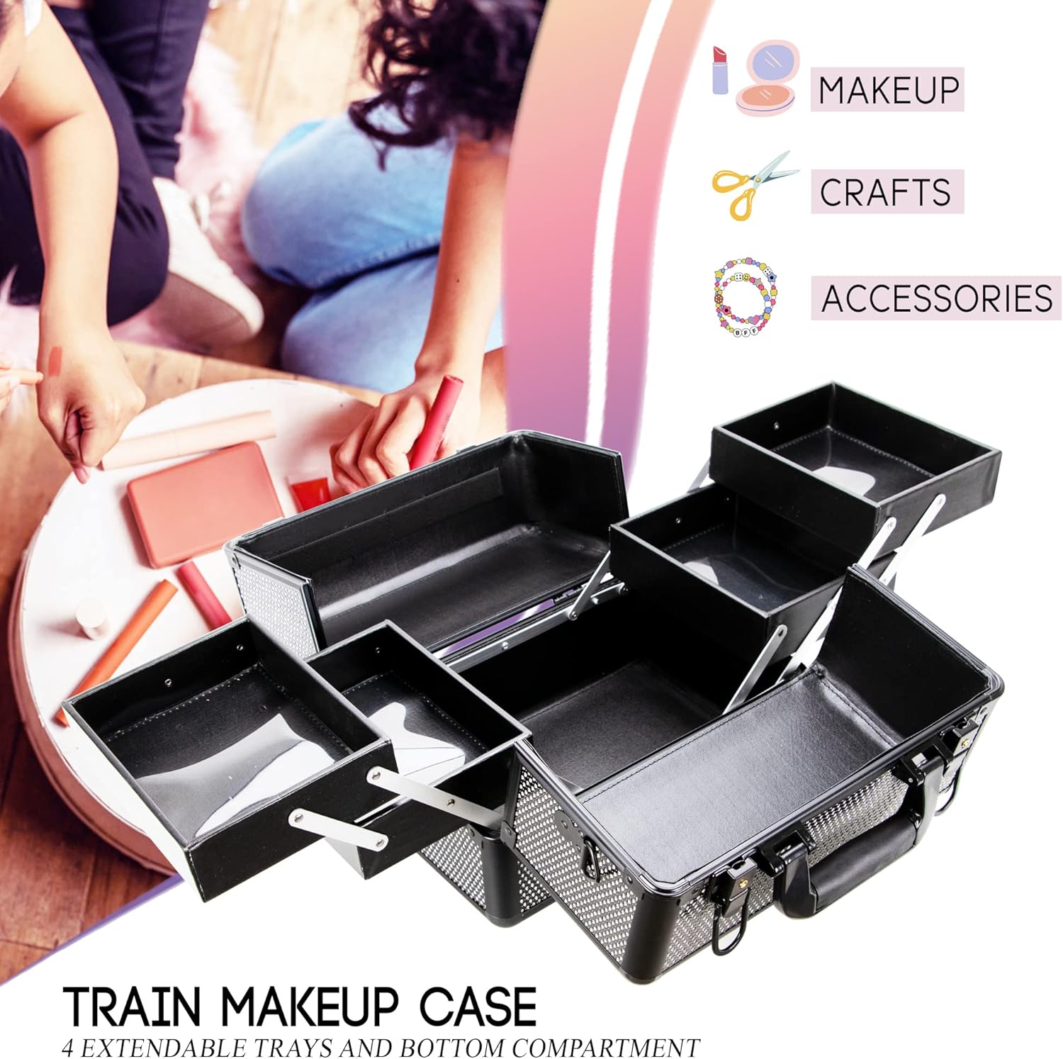 Ver Beauty Cosmetic Train Makeup Case Organizer Storage Extendable Trays Keys and Locks Shoulder Strap in Black Krystal