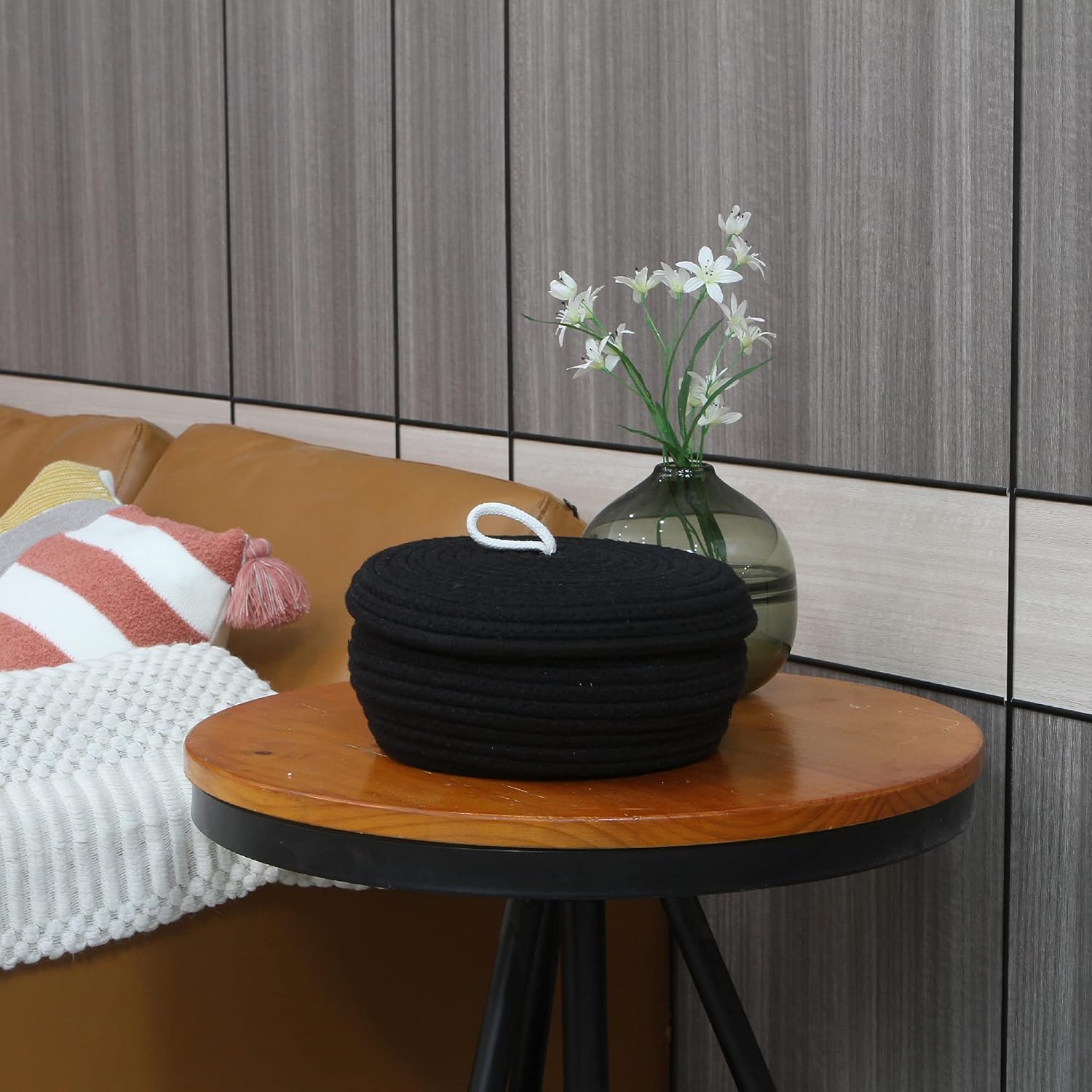 Sea Team Round Cotton Rope Storage Basket with Lid, Decorative Woven Storage Bin, Pot, Caddy, Organizer, Container for Snacks, Towels, Plants, 10 x 4.5 Inches (Small, Shallow, Black)