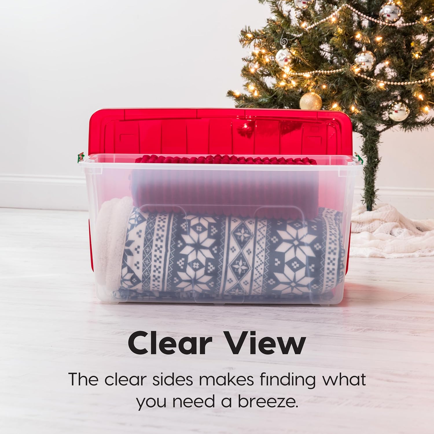 IRIS USA 94 Qt. Stackable Plastic Storage Bins with Lids, 2 Pack - BPA-Free, See-Through Organizing Solution, Latches, Durable Nestable Containers, Secure Pull Handle, Made in USA - Red