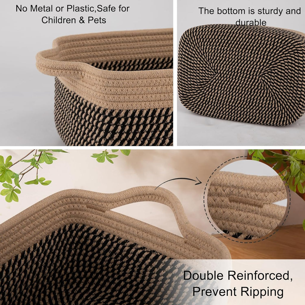 OIAHOMY 3 Pack Storage Baskets for Organizing, Woven Cotton Rope Basket for Shelves, Closet Organizer Bins with Handles, Rectangle Toy Organization, 13.78''×9.84''×5.5'', Brown & Black