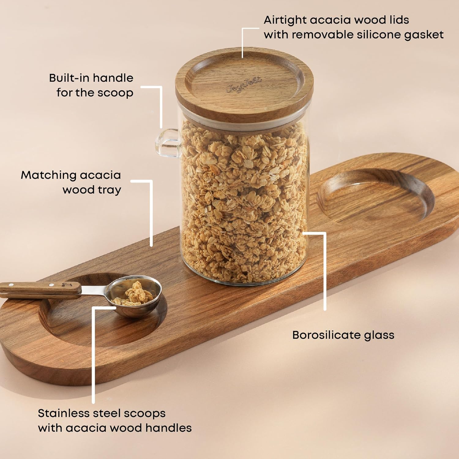 JoyJolt Holden 32oz Stackable Glass Storage Containers with Lids Scoops and Tray, Clear Airtight Food Canister Set of 3 w/Acacia Wood Lids, Round Stacking Pantry and Kitchen Containers w/Scoop