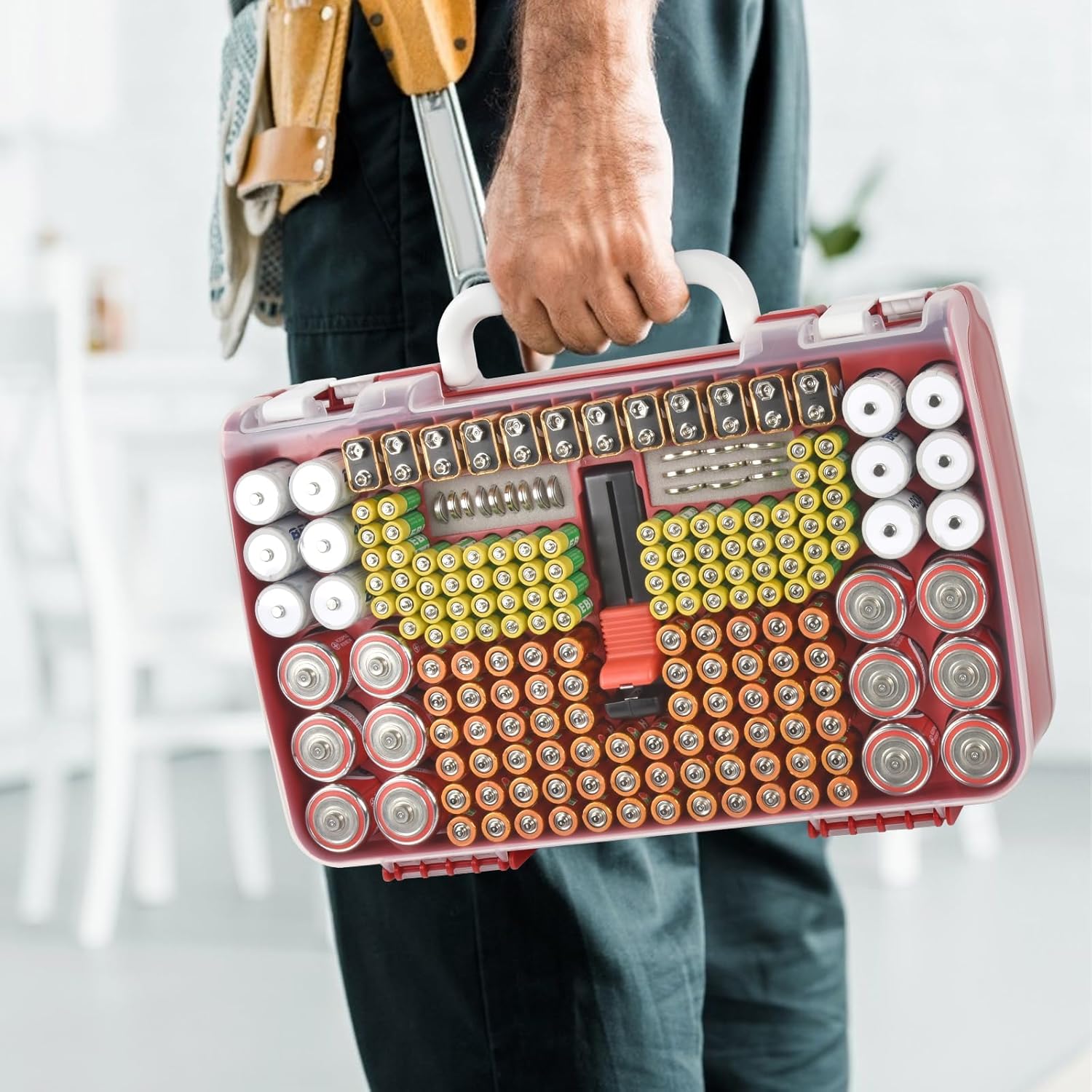 Battery Organizer Storage Holder Case with Double-Sided, Garage Box with Tester Checker. Batteries Container for 269pcs AA AAA AAAA 3A 4A 9V C D Lithium 4LR44 CR2 CR123A CR1632 CR2032 18650 -Red