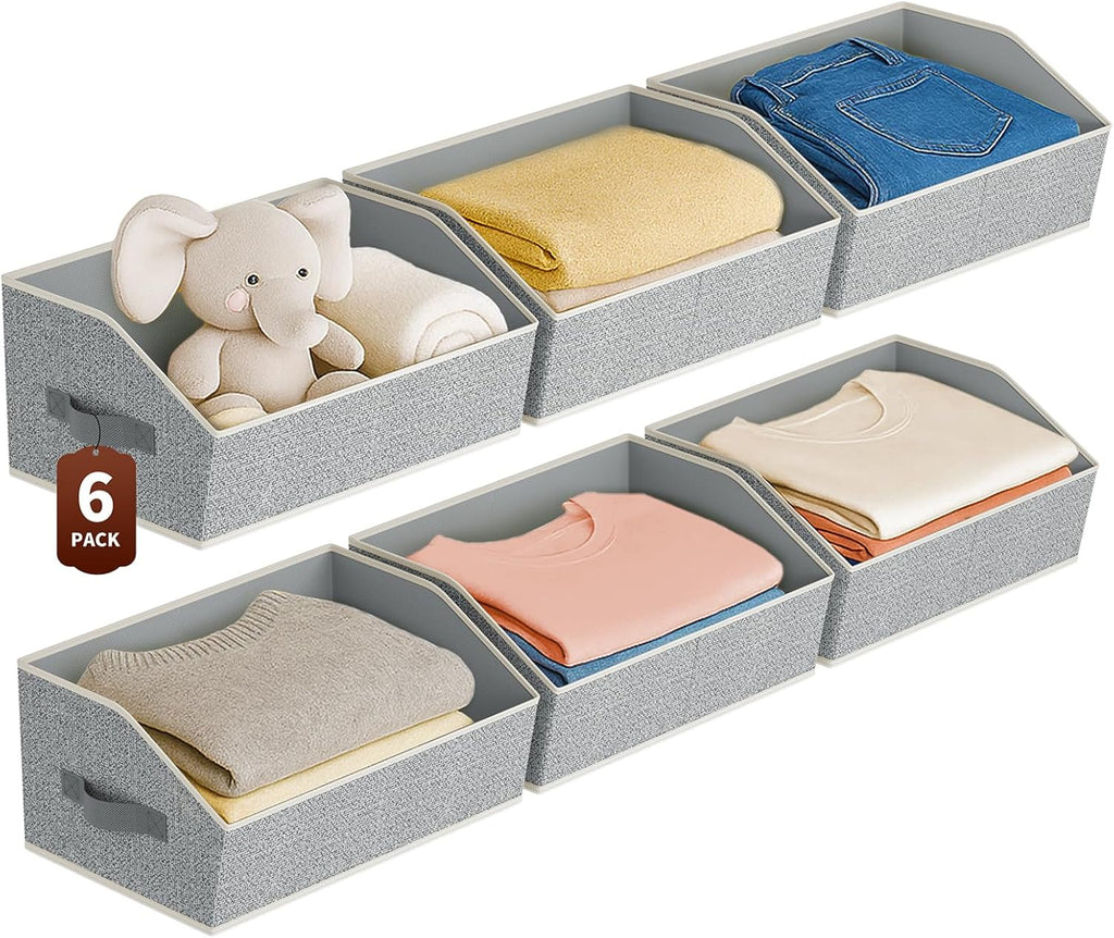 Large Closet Organizers and Storage Bins - 6 Pack Trapezoid Storage Baskets for Shelves, Foldable Fabric Baskets with Handles Ideal for Closet, Basket, Wardrobe and Shelf Storage, Light Grey