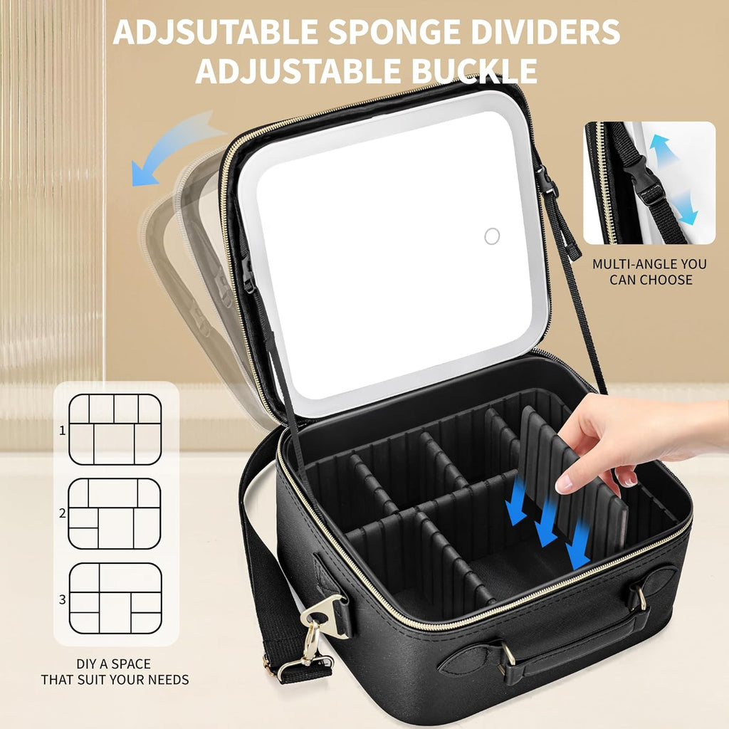 Travel Makeup Bag with LED Mirror, Portable Cosmetic Case Organizer with Lighted Mirror, Waterproof Makeup Case for Cosmetic Brush Holder Storage, Black Toiletry Bag for Women Gift