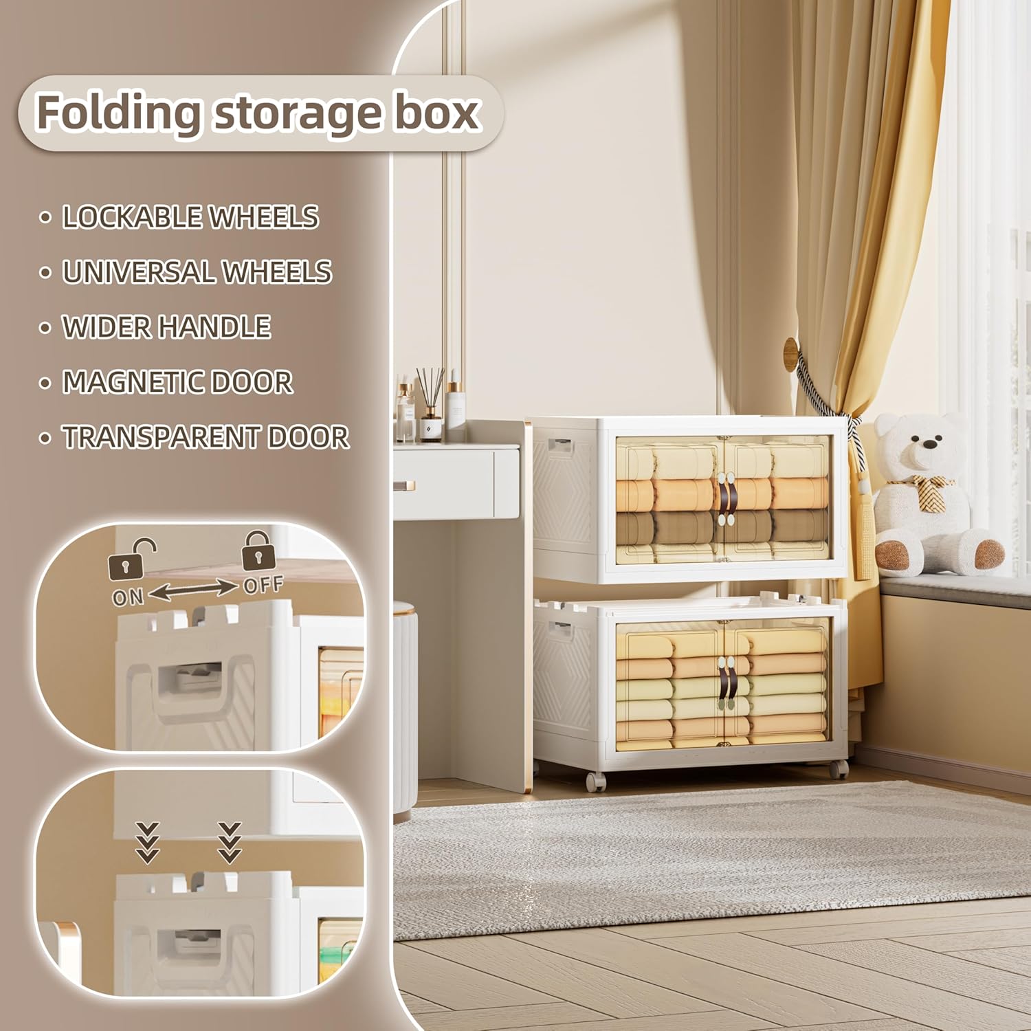 168 QT / 42 Gal Heavy Duty Double Door Storage Cabinet - Magnetic Closure, Foldable Stackable Design with Wheels & Leather Handles, Plastic Organizer for Garage/Bedroom