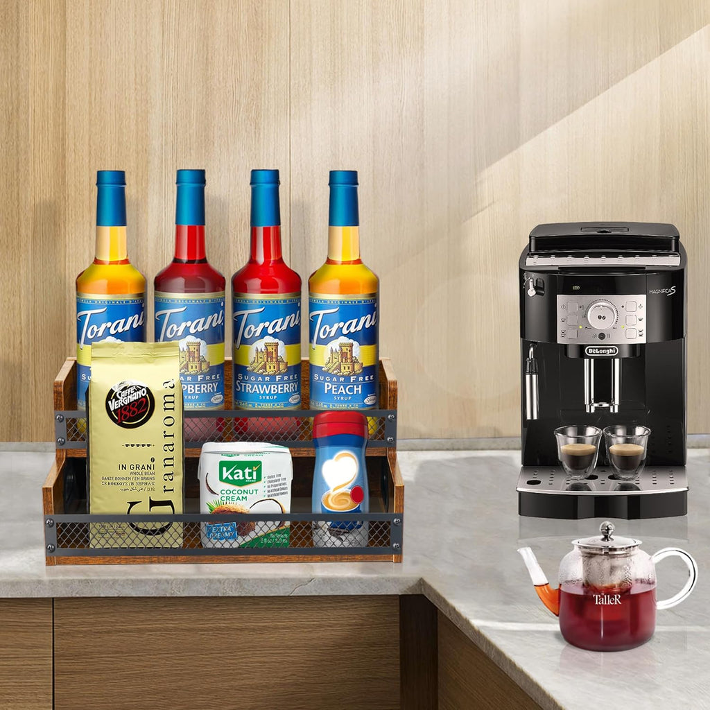 Liquor Bottle Display Shelf, Coffee Syrup Rack Organizer, 2 Step Countertop Liquor Wine Rack, 10 Bottles Coffee Station Organizer with Fences & Handles, Home Retro Bar Shelf Stand for Liquor Whiskey