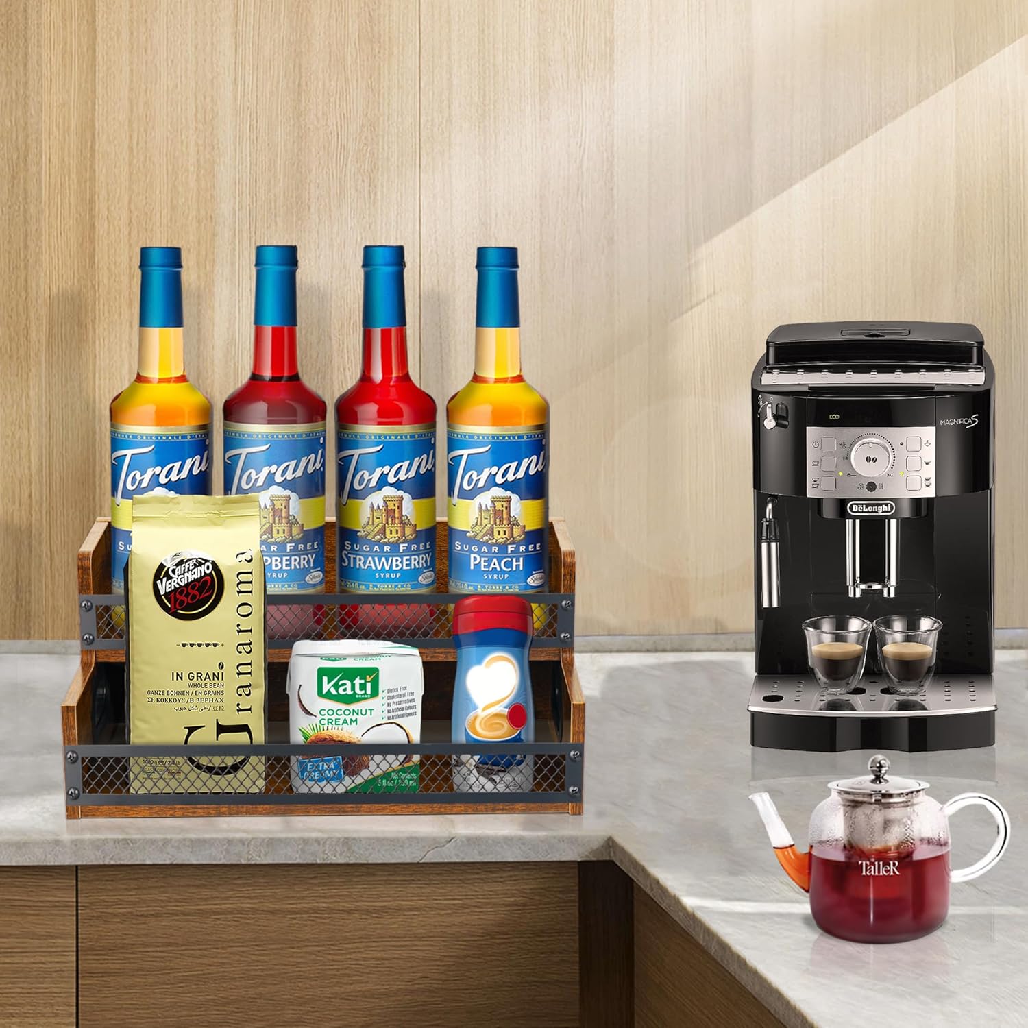 Liquor Bottle Display Shelf, Coffee Syrup Rack Organizer, 2 Step Countertop Liquor Wine Rack, 10 Bottles Coffee Station Organizer with Fences & Handles, Home Retro Bar Shelf Stand for Liquor Whiskey