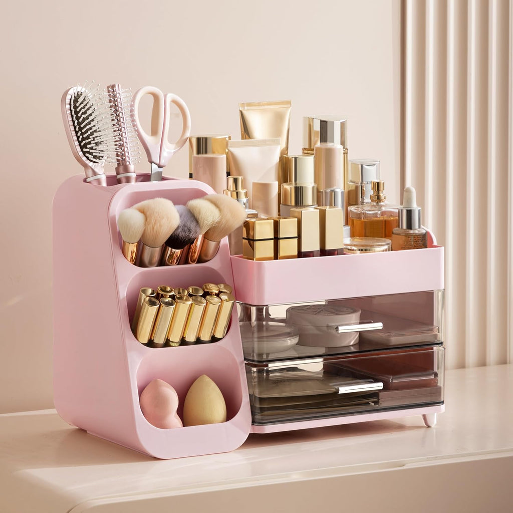 HBlife Makeup Organizer with Brush Holder for Vanity, Large Plastic Bathroom Countertop Organizer Skin Care Storage, Easy to Store Lipsticks, Nail Polishes, Perfumes, Eyeshadow Palettes, Pink