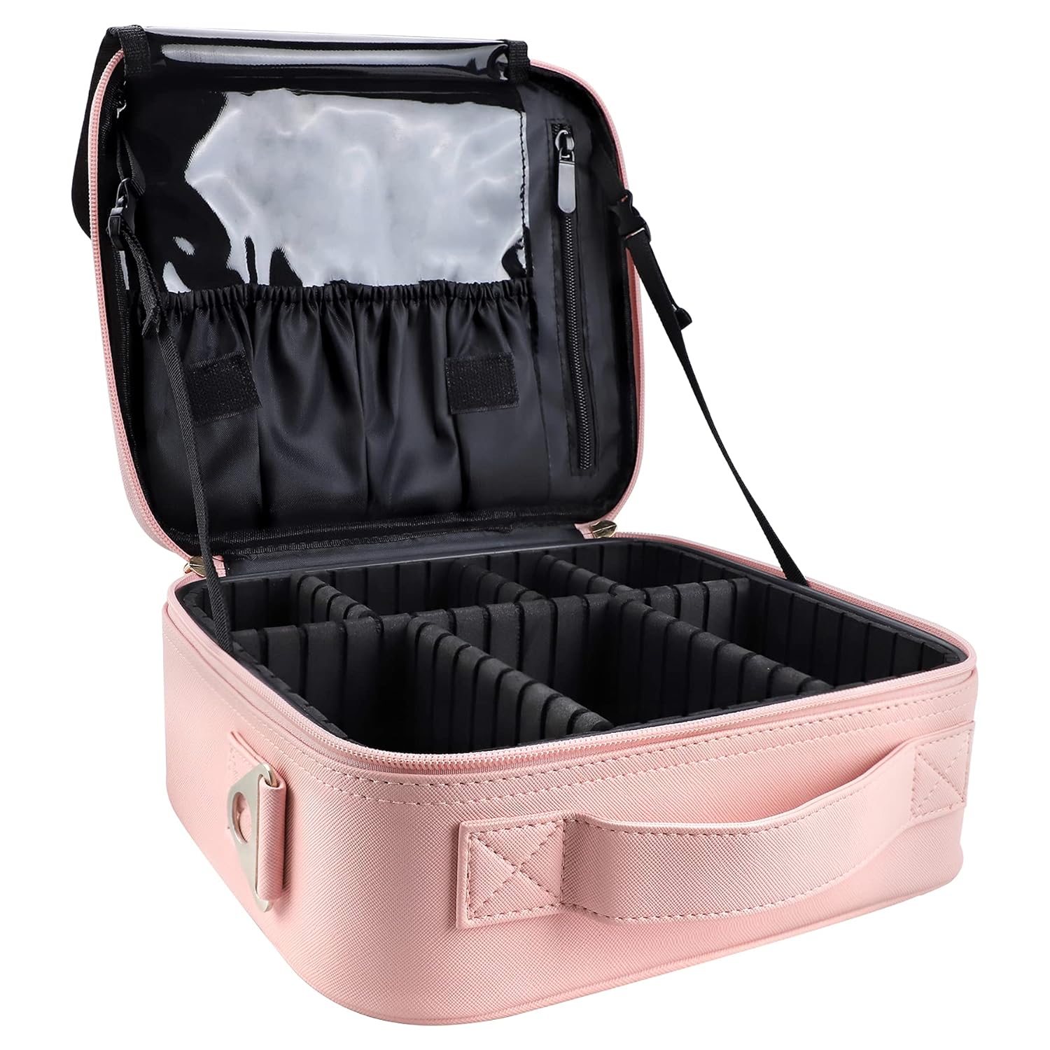 gzcz Travel Makeup Bag,Professional Cosmetic Bags for Women,Portable Makeup Brush Bag Organizer Storage with Adjustable Dividers and Shoulder Strap