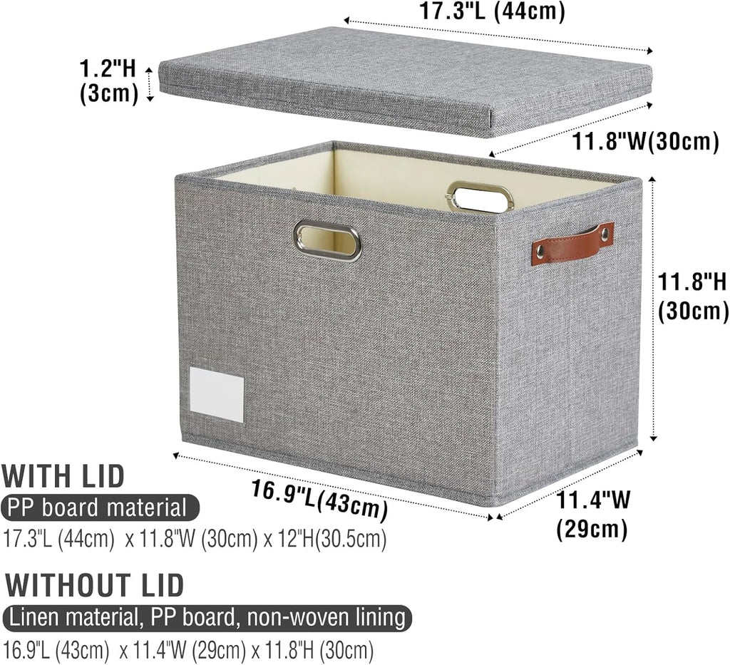 17" Large Collapsible Storage Bins with Lids, Stackable Closet Organizers with PU Handle and Labels, 3-Pack Decorative Fabric Storage Boxes for Home, Bedroom, Closet, Office, Nursery(Gray)