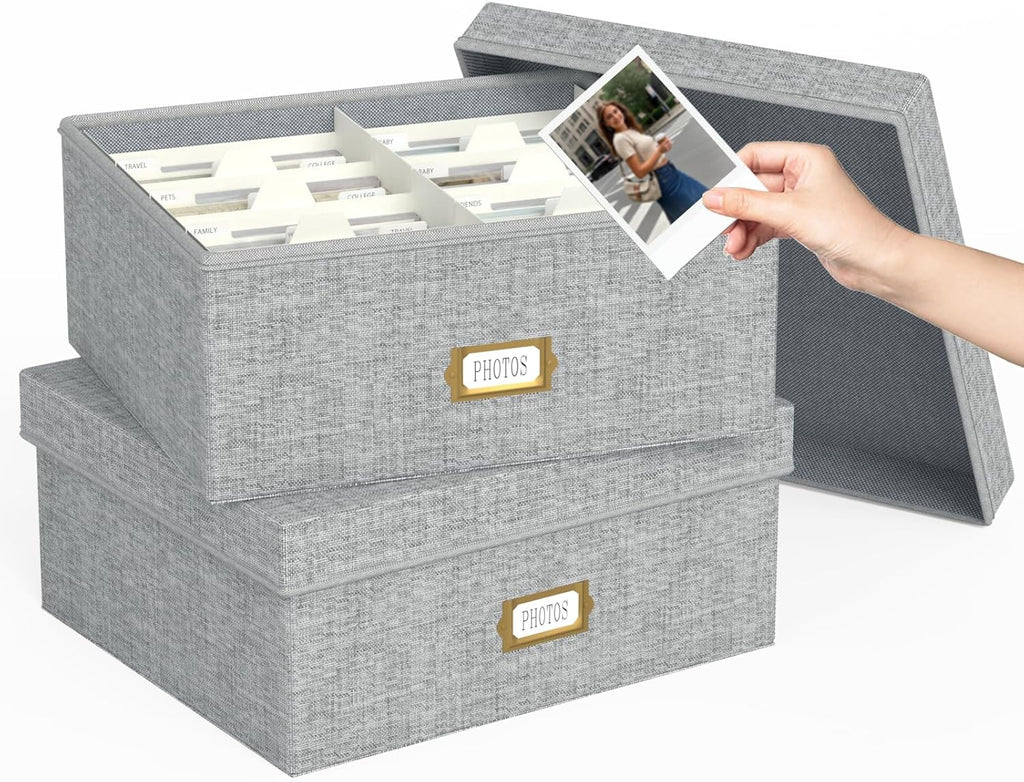 Decorative Photo Storage Box - 2 Pack Linen Photo Box Organizer with Dividers, Fits Holds Up to 1700 Pictures and 4x6 Photos, Memory Keepsake Organizer for Scrapbook Supplies, Cards, Stamps (Grey)