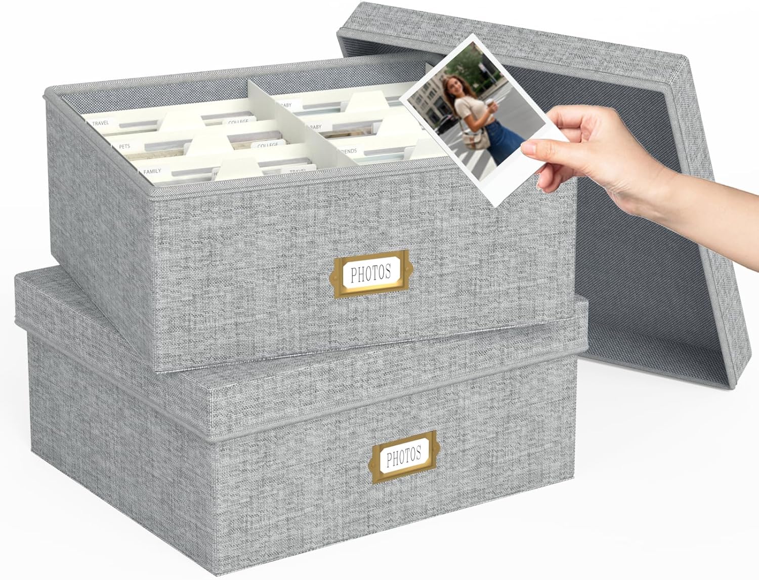 Decorative Photo Storage Box - 2 Pack Linen Photo Box Organizer with Dividers, Fits Holds Up to 1700 Pictures and 4x6 Photos, Memory Keepsake Organizer for Scrapbook Supplies, Cards, Stamps (Grey)