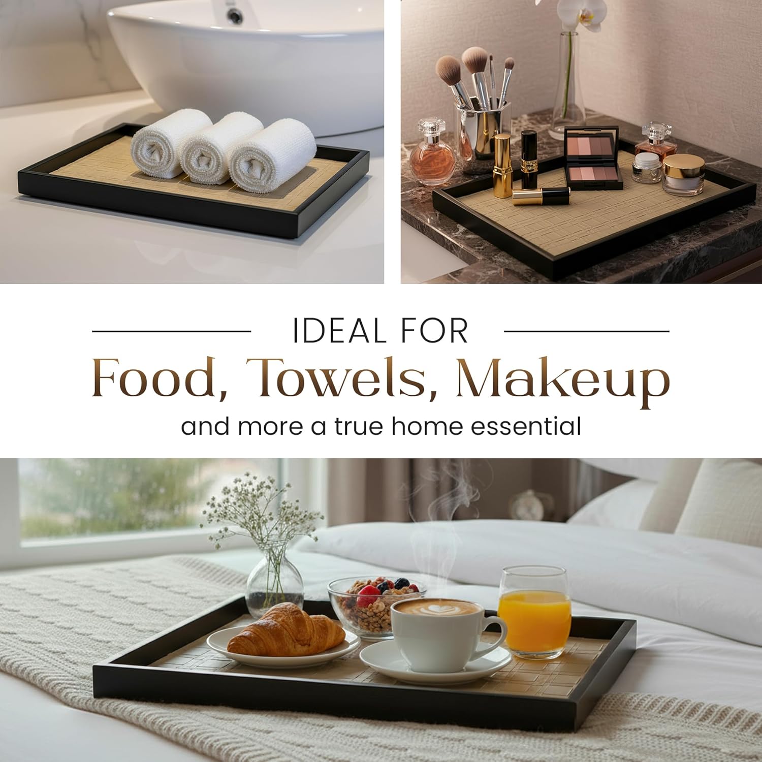 Solvane Wooden Serving Tray in Black – 15x11in Rectangular Ottoman & Coffee Table Tray, Decorative Wood Tray with PU Leather Base for Living Room, Kitchen, Bathroom & Vanity