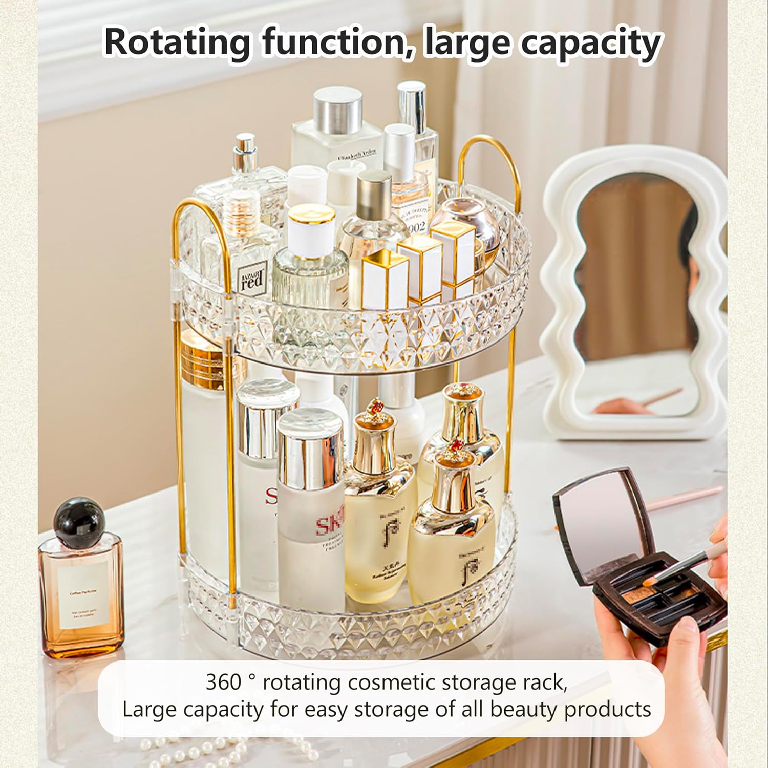 Double Layered Glass Tray with Golden Handles, Circular Decorative Storage Rack, Cosmetics, Dining Table, Bathroom, Bedroom, attic, Outdoor Small Items are Easy to find
