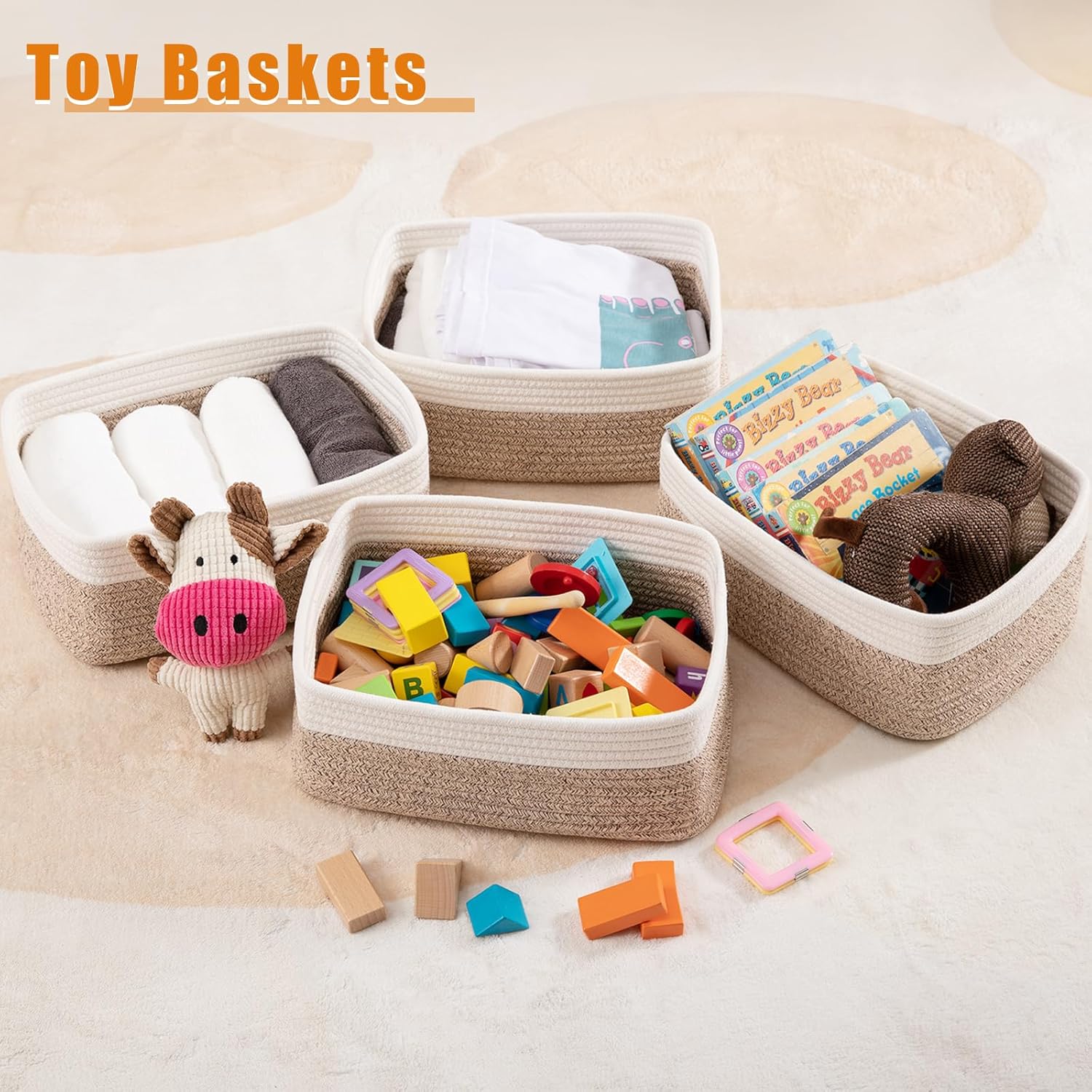 OIAHOMY 4 Pack Storage Baskets for Organizing, Small Bins for Shelves, Cute Decorative Storage Bins, Organizer Baskets for Gifts Empty, 11.8''Lx7.8''Wx4.7''H, Brown/White