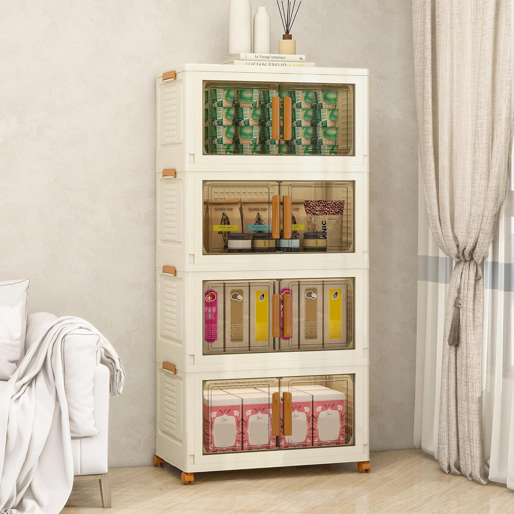 Plastic Stackable Storage Bins with Lids and Wheels, Foldable Closet Organizers and Storage Containers, Collapsible Clear Drawer Storage Cabinet with Doors Ivory White 182.4 QT