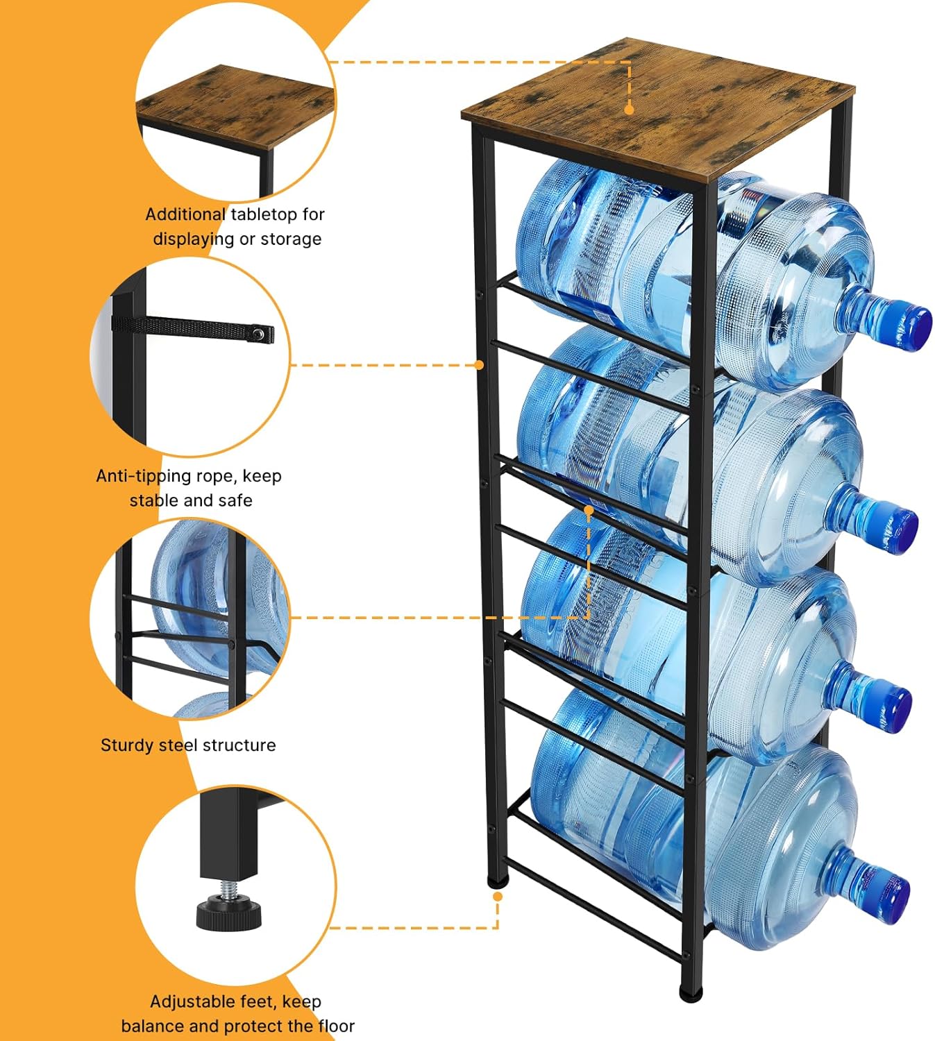 smusei Water Jug Holder Stand 5 Gallon Water Bottle Holder with Shelf, Heavy Duty 4-Tier Water Bottle Organizer Rack 5 Gallon Water Dispenser Stand for Home Office, Rustic Brown