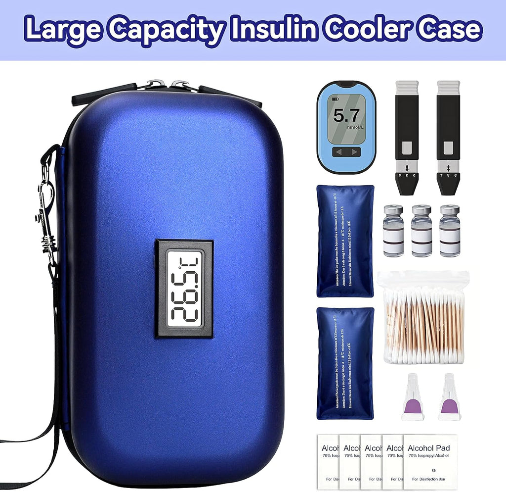 Insulin Cooler Travel Case, TSA Approved Medication Diabetic Cooler Organizer Bag with Thermometer Temperature Display 2 Ice Packs, Blue