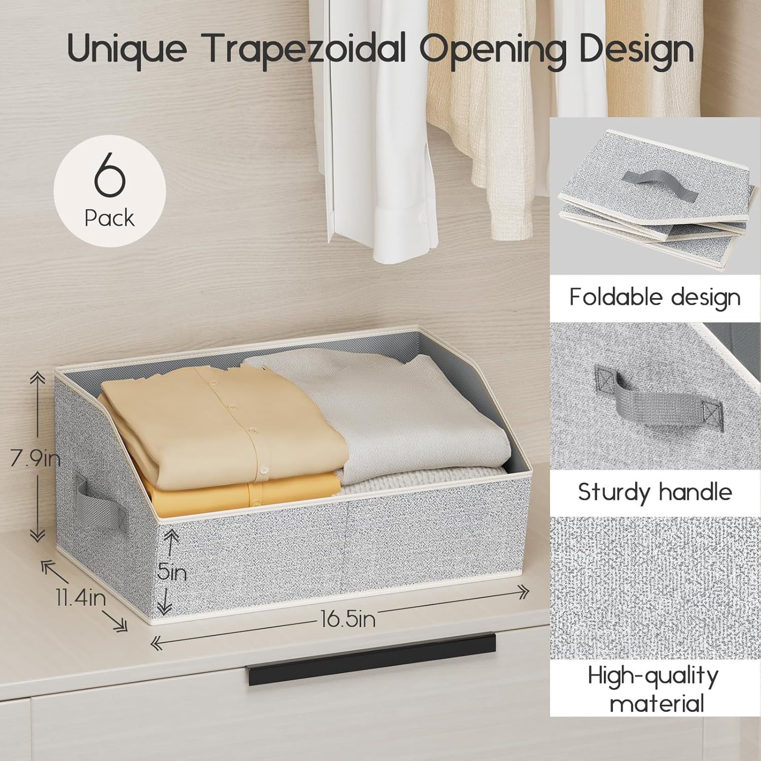Large Closet Organizers and Storage Bins - 6 Pack Trapezoid Storage Baskets for Shelves, Foldable Fabric Baskets with Handles Ideal for Closet, Basket, Wardrobe and Shelf Storage, Light Grey