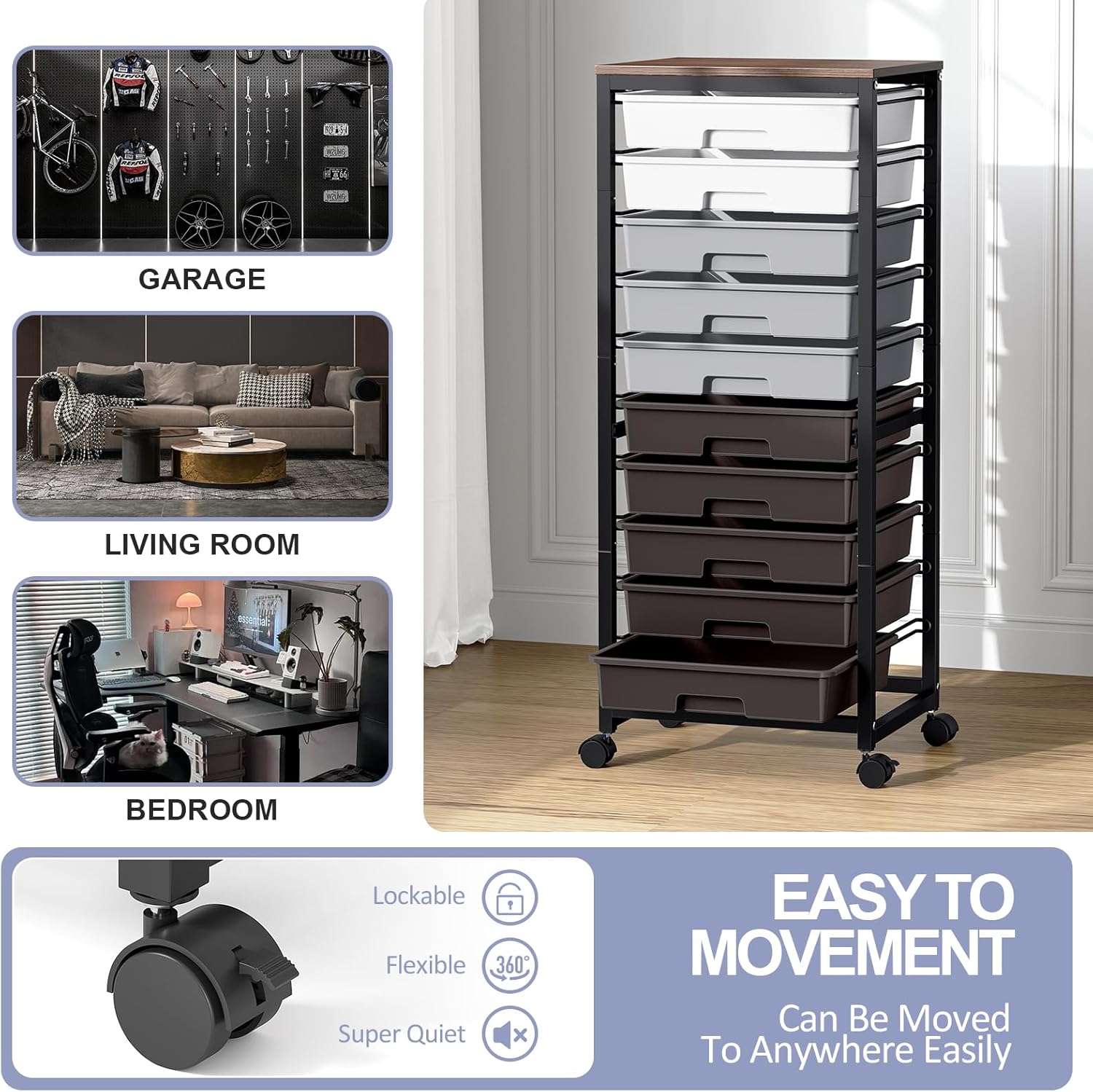 Rolling Cart with Drawers,10 Drawer Rolling Cart,Storage Cart,Utility Cart,Teacher Cart for Classroom Storage,Craft Cart with Wheels and Wooden Tabletop,Grey