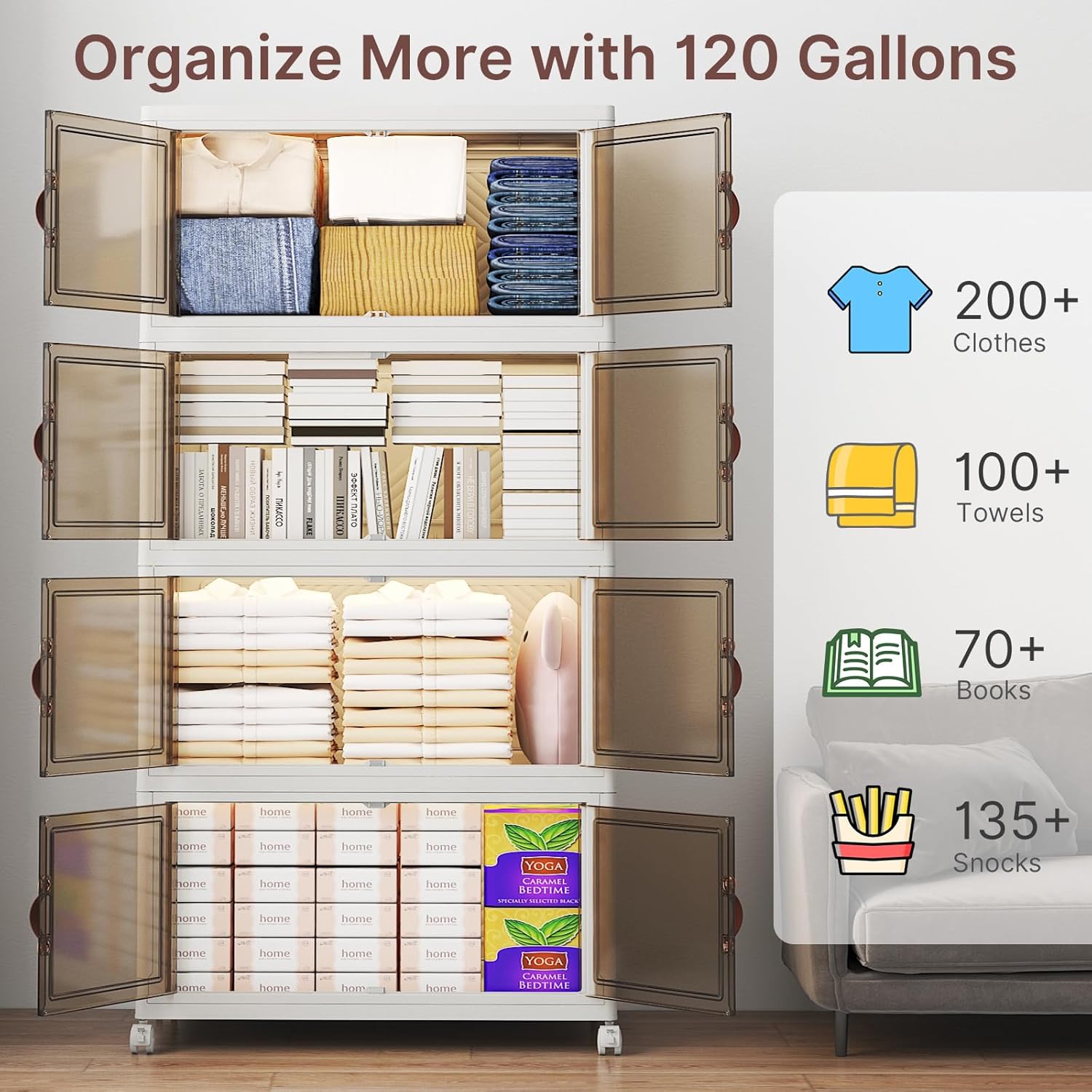 360Qt Stackable Storage Bins with Lids, 3 Pack Large Collapsible Bins with Wheels, Plastic Cabinet with Doors, Foldable Closet Organizers and Storage for Home, Dorm, Office, White