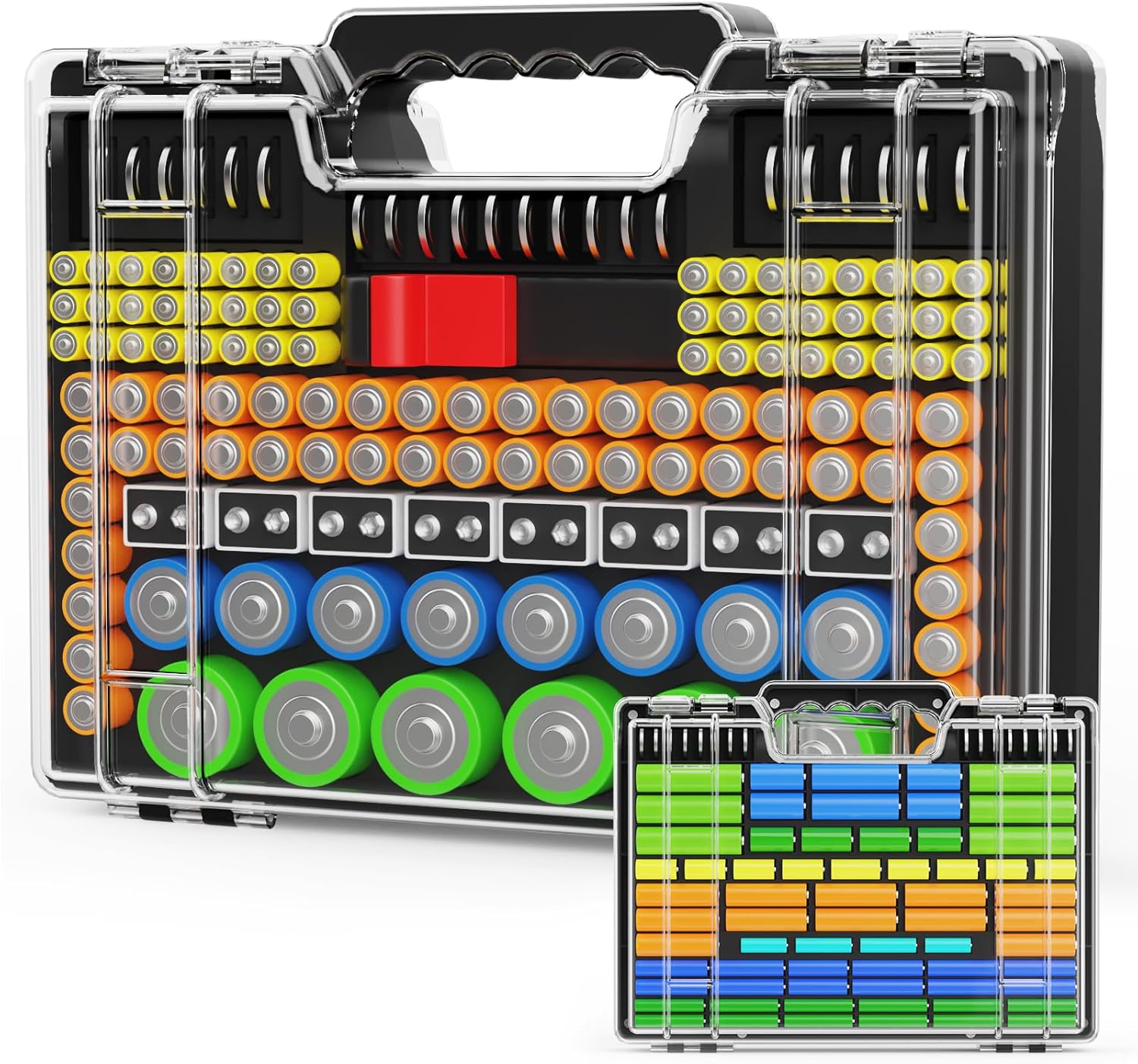 Battery Organizer Storage Holder Box Case with Tester, Stores & Protects Up to 260 Batteries, Double-Clear Locking Lid, Holds AA AAA C D and More (Not Includes Battery Pack) - Black