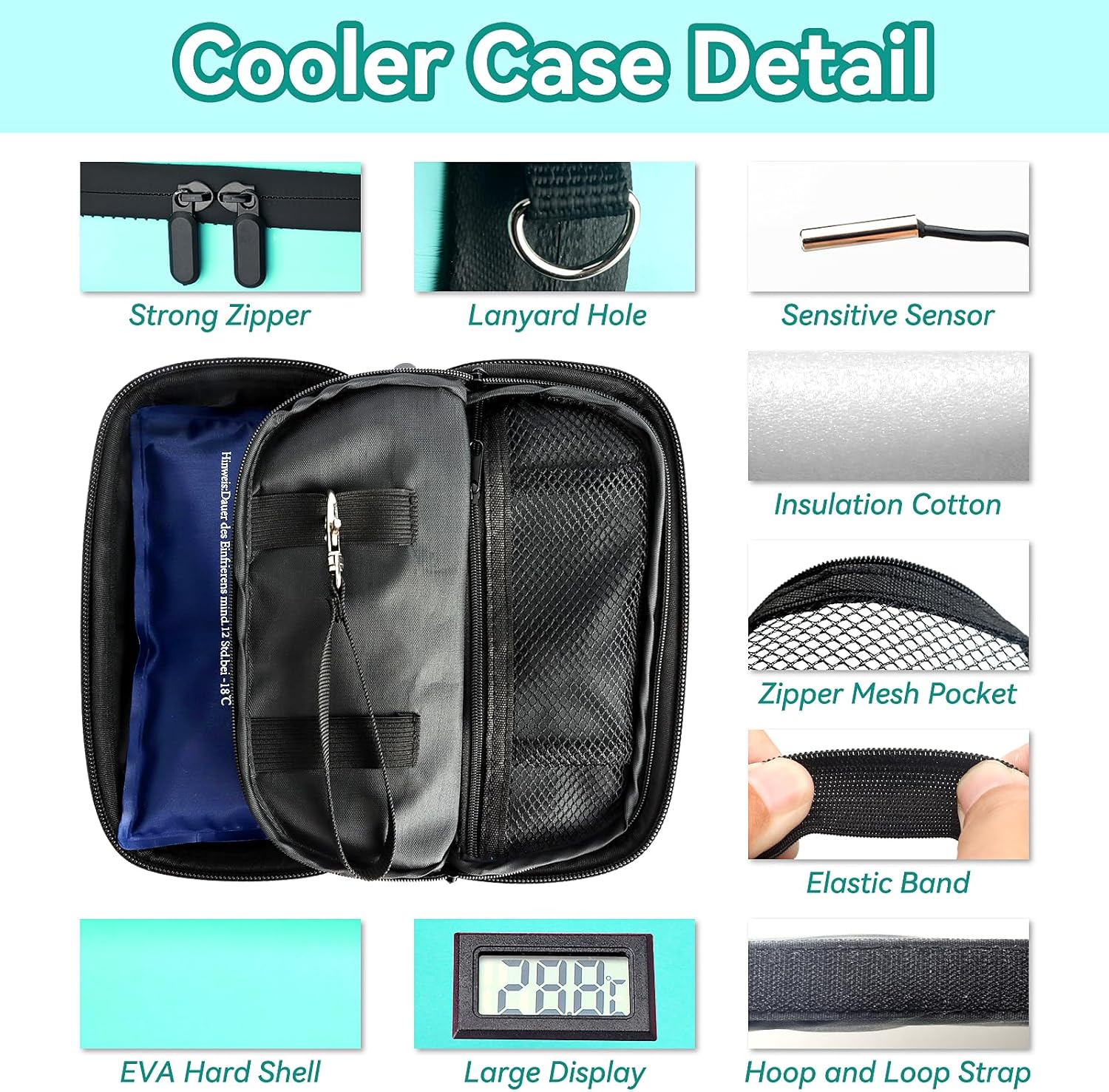 Insulin Cooler Travel Case, TSA Approved Medication Diabetic Cooler Organizer Bag with Thermometer Temperature Display 2 Ice Packs, Green