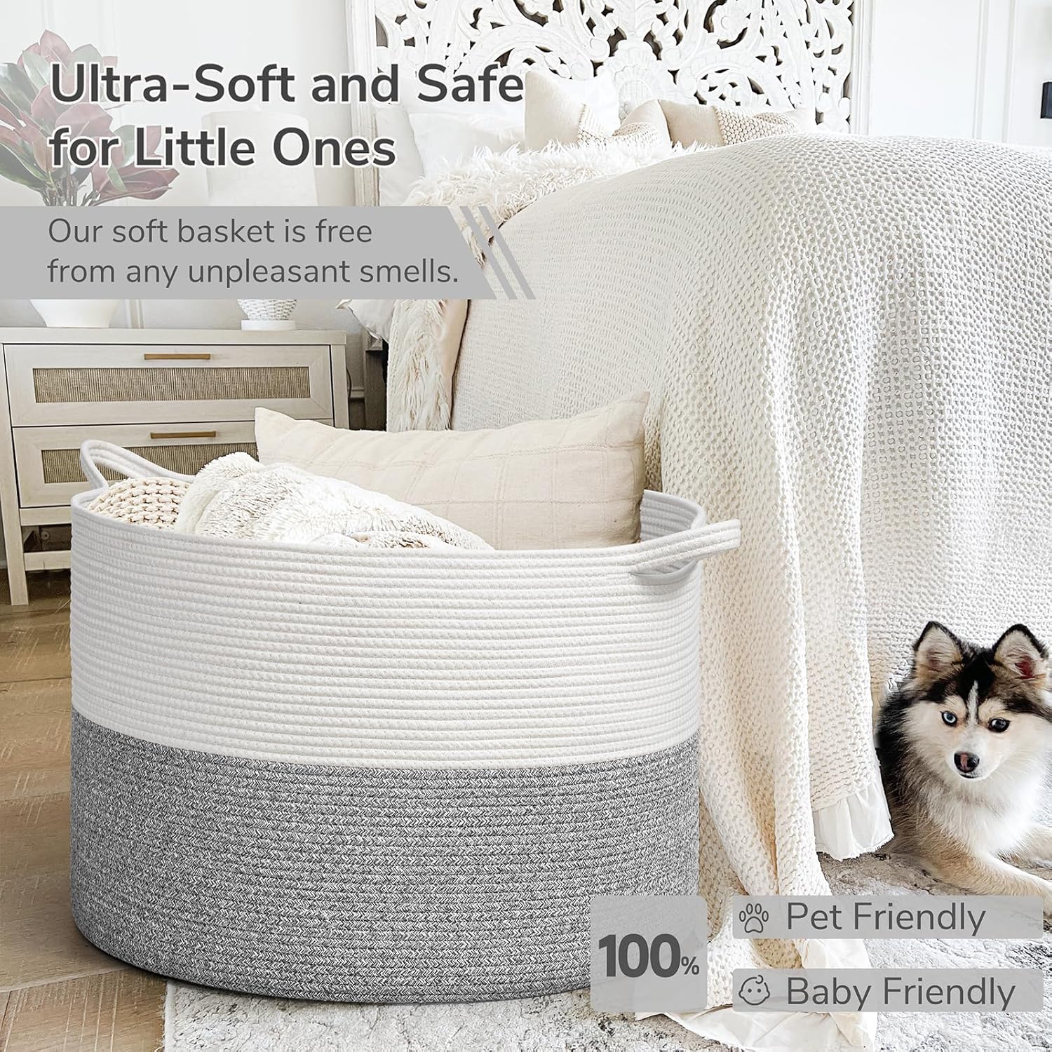 INDRESSME 115L Extra Large Blanket Basket, Soft Cotton Rope Storage Basket for Organizing, Home Decor, Toys, Laundry & Towels, Toy Storage Organizer for Living Room & Nursery, Light Grey