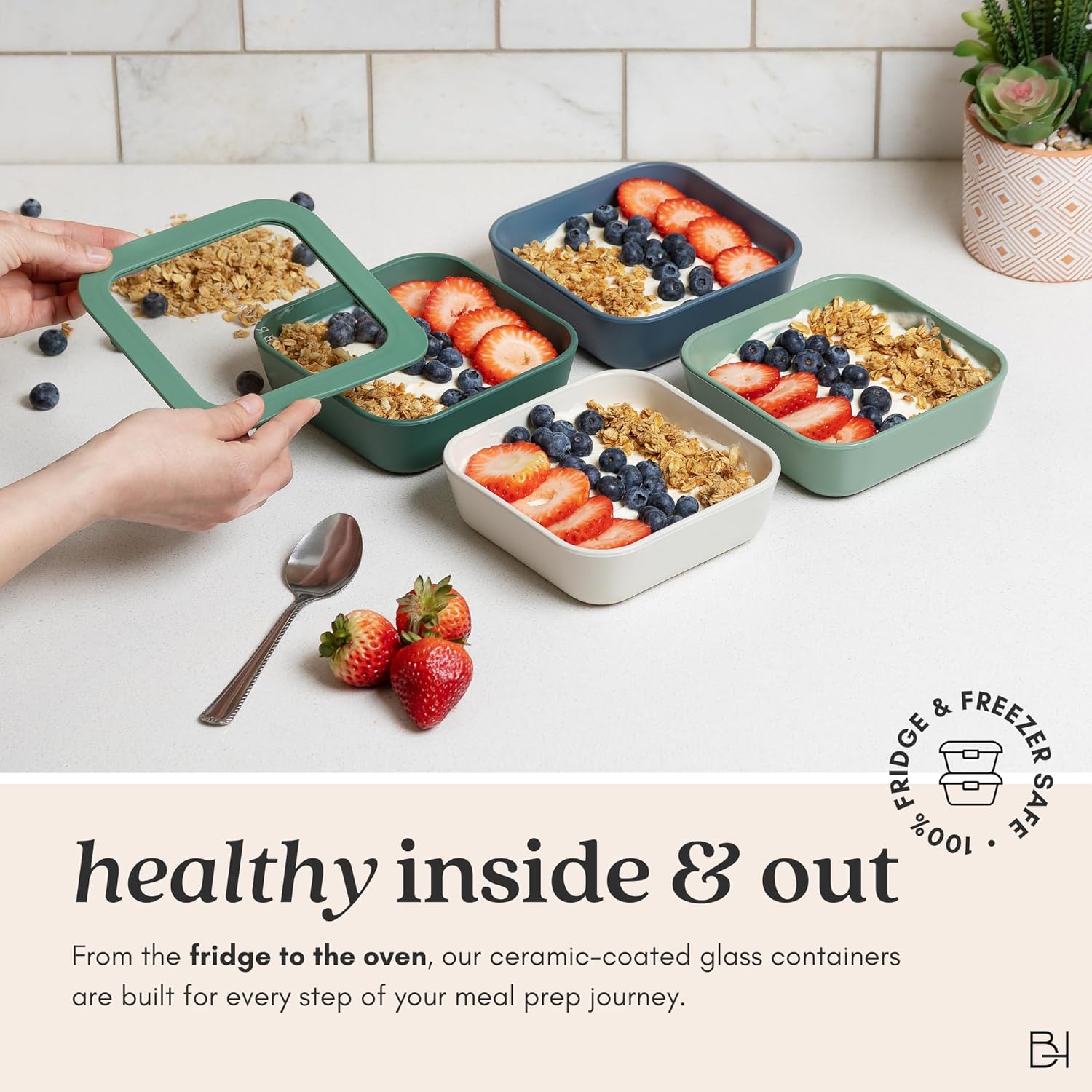 Ceramic Coated Glass Food Storage Container | No PTFE, PFOA, PFAS, and BPA | Reusable Non Toxic Meal Prep Container with Glass Lid | Easy To Store | 5 Cup Square [Pine]