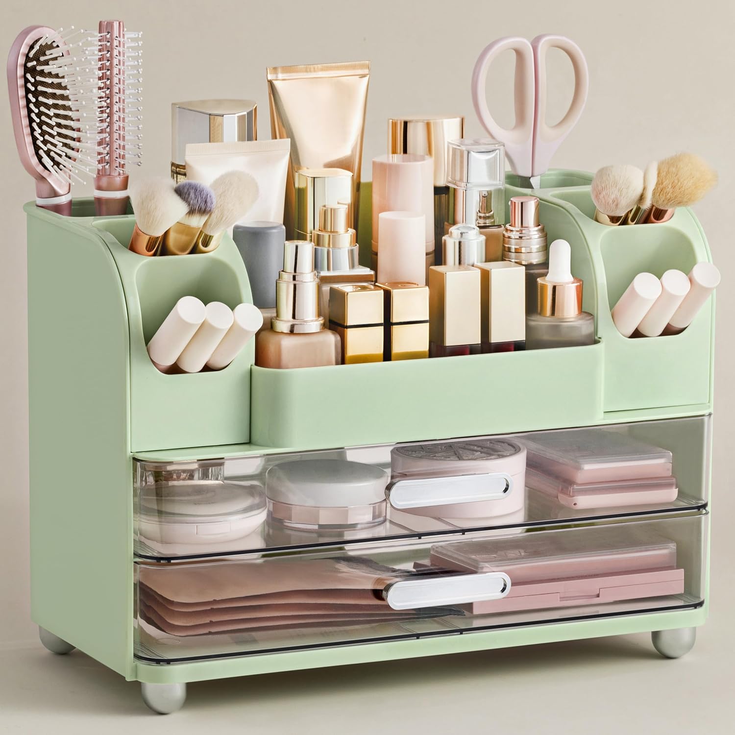 HBlife Makeup Organizer for Vanity with Brush Holder, Large Bathroom Countertop Cosmetic Organizer Skin Care Storage, Easy to Store Lipsticks, Nail Polishes, Perfumes, Eyeshadow Palettes, Green