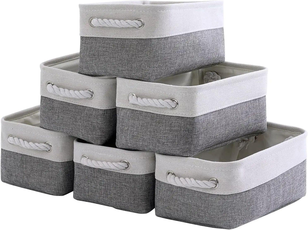 TcaFmac Small Storage Baskets for Shelf 6 Pack Canvas Storage Basket with Handles Fabric Storage Basket for Organizing Storage Bin (White and Grey, 12x8x5")