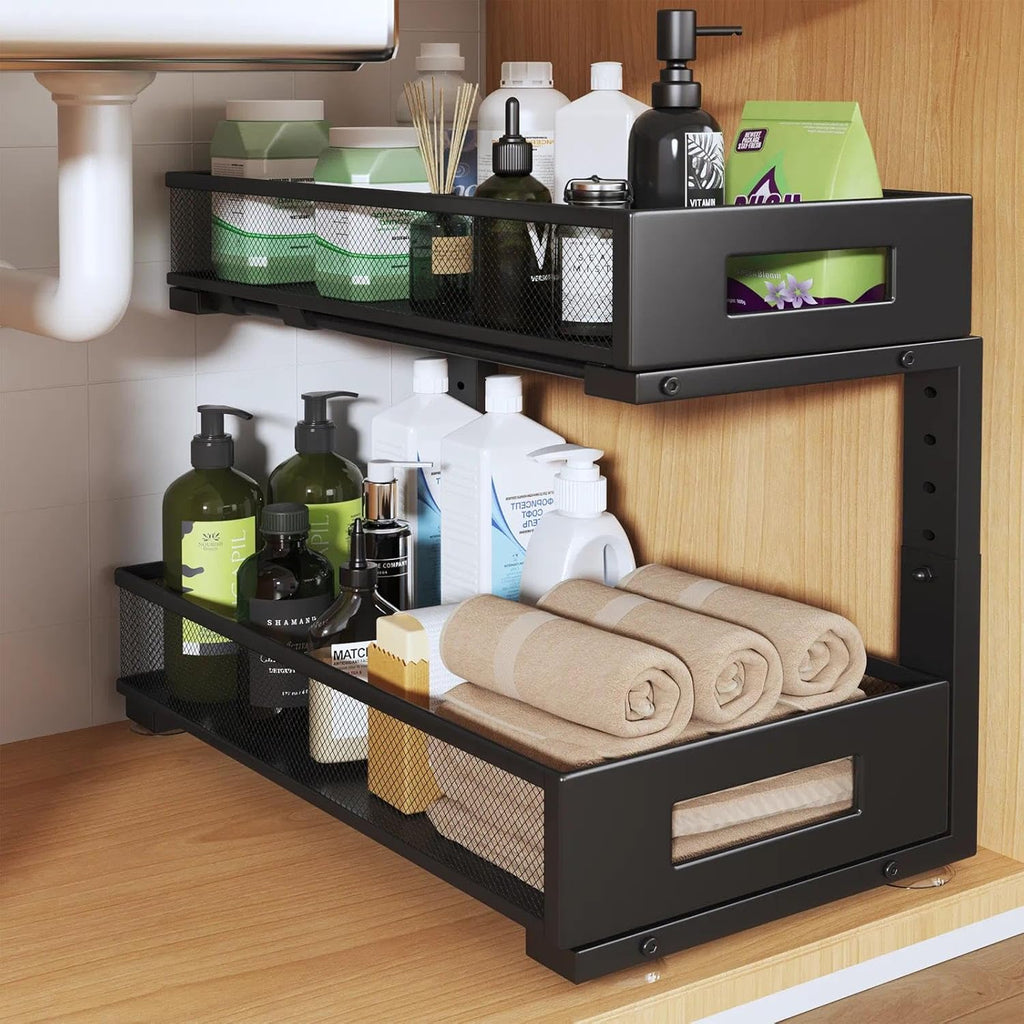 1 Pack 19IN Depth Under Sink Organizer, 2-Tier Pull Out Cabinet Organizer With Smooth Circular Rail, Large Capacity Metal Mesh Sliding Drawers For Bathroom& Kitchen Storage,Height Adjustable-Black
