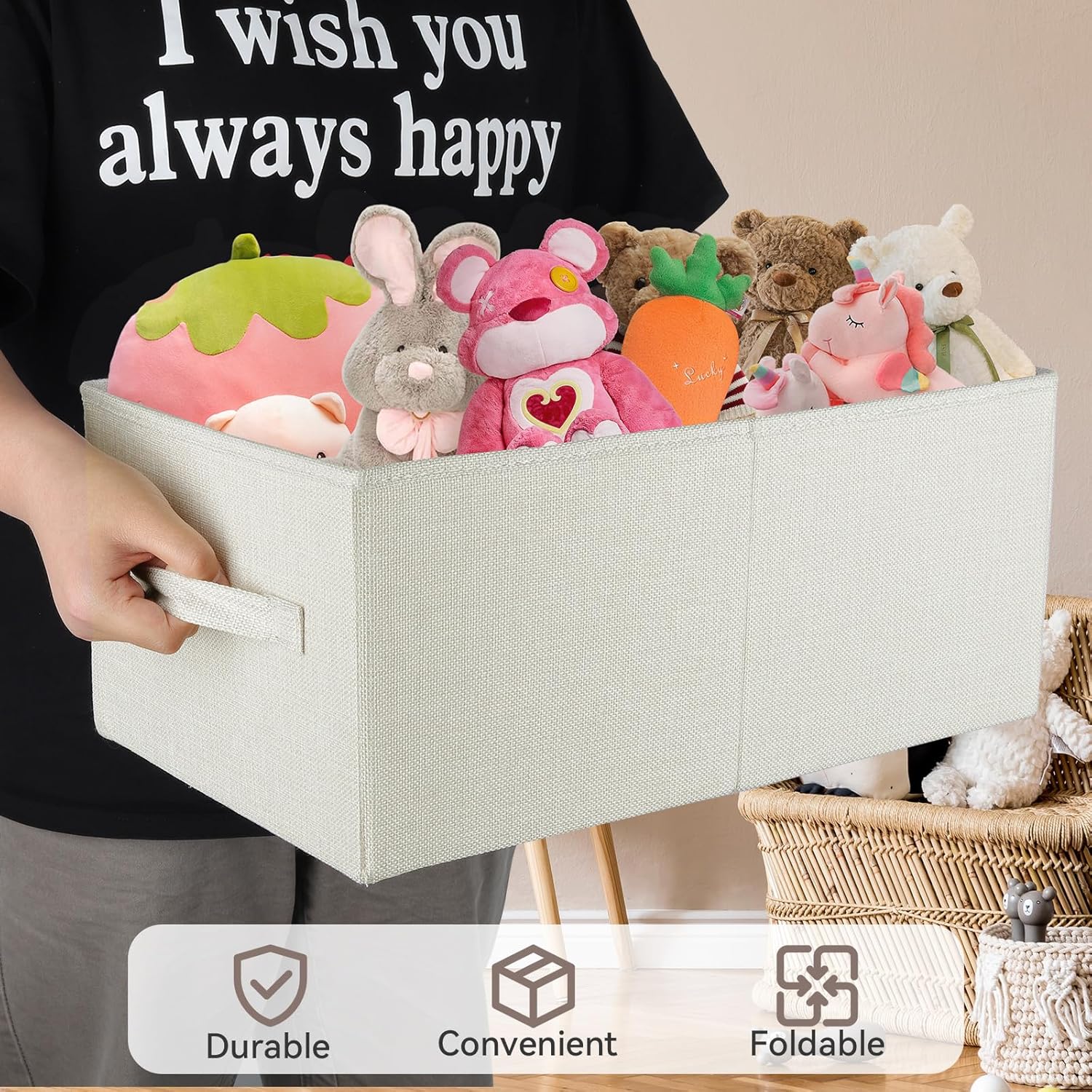 3 Pack Linen Storage Baskets with Handle,Large Foldable Closet Storage Bins for Shelves,Toys,Sheets,Clothes,18"×11"×8",Beige