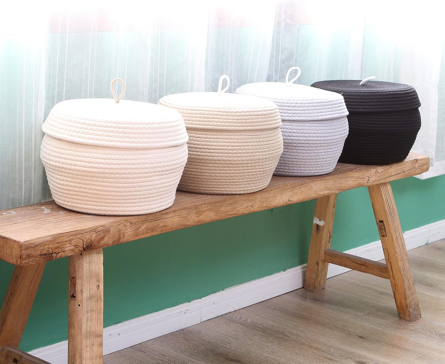 Sea Team Round Cotton Rope Storage Basket with Lid, Decorative Woven Storage Bin, Pot, Caddy, Organizer, Container for Snacks, Towels, Plants, 13 x 9 Inches (Large Size, Khaki)