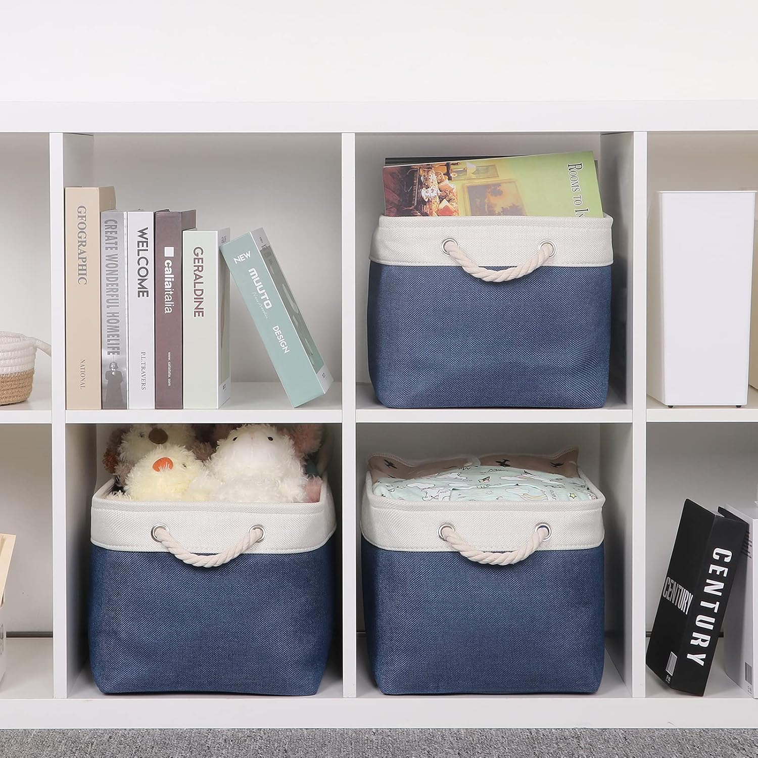 Bidtakay Storage Baskets Collapsible [3-Pack] Decorative Storage Bins with Cotton Rope Handles 15 X 11 X 9.5 Inch Organizing Baskets for Shelves Clothes Closet Navy Blue Baskets for Gifts Empty