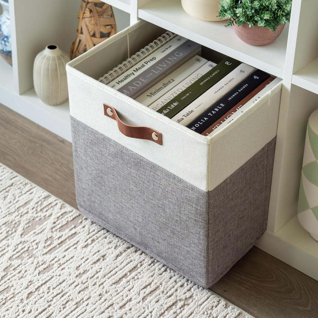 OrganiHaus 13" x 13" x 13" Cube Fabric Storage Bins Set of 4, Fabric Storage Cubes w/ Vegan Handles, 13 inch Collapsible Bins for Clothes & Toys Organizer, 13x13 Basket for Decor - Grey/White