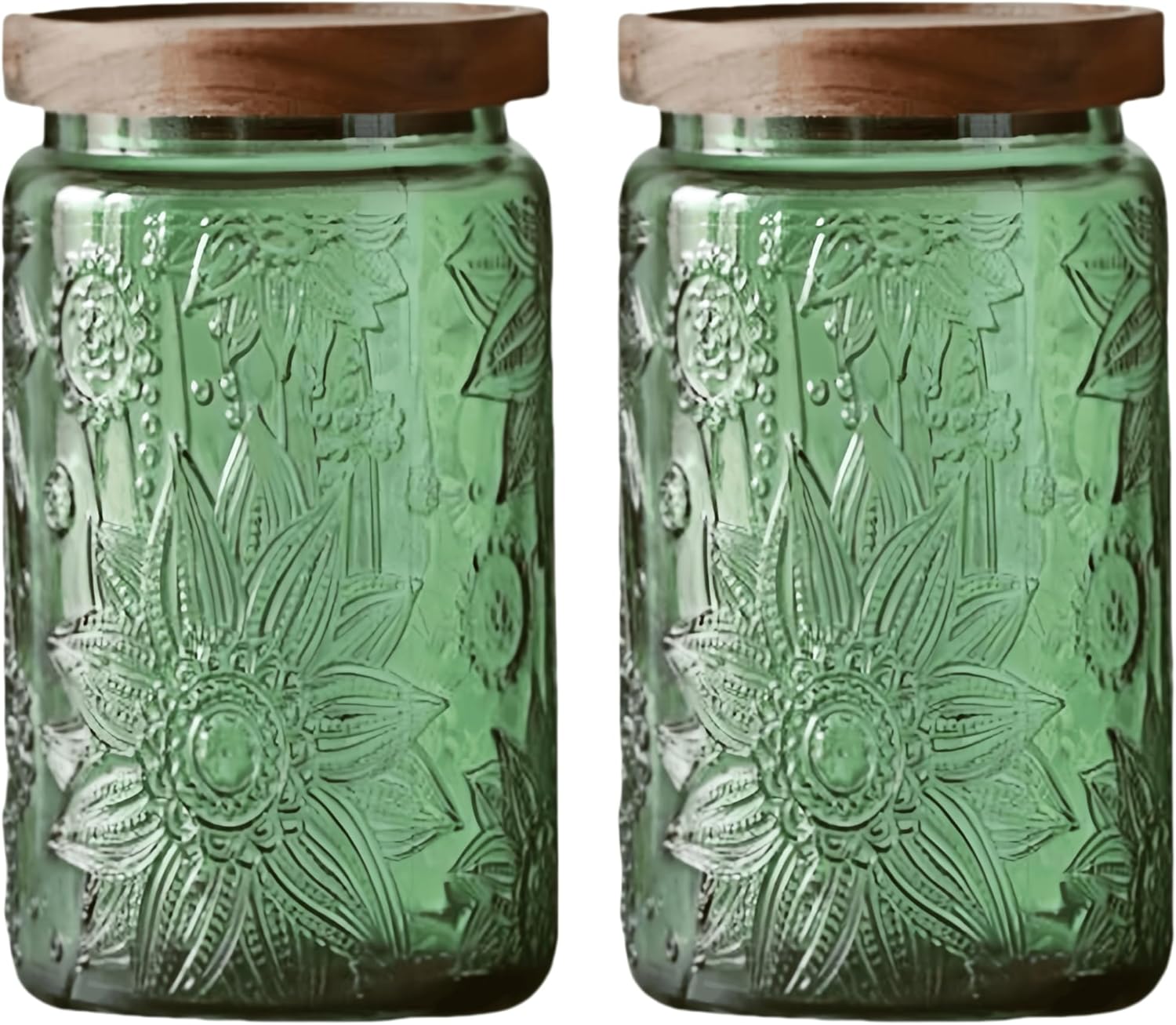 Set of 2 Vintage Glass Storage Containers, Green Glass Jars with Solid Wood Lids, 34 FL OZ Decorative Jars for Kitchen Storage Cabinets for Coffee, Jam, Nuts, Pasta, Cookie (Green Sunflower)