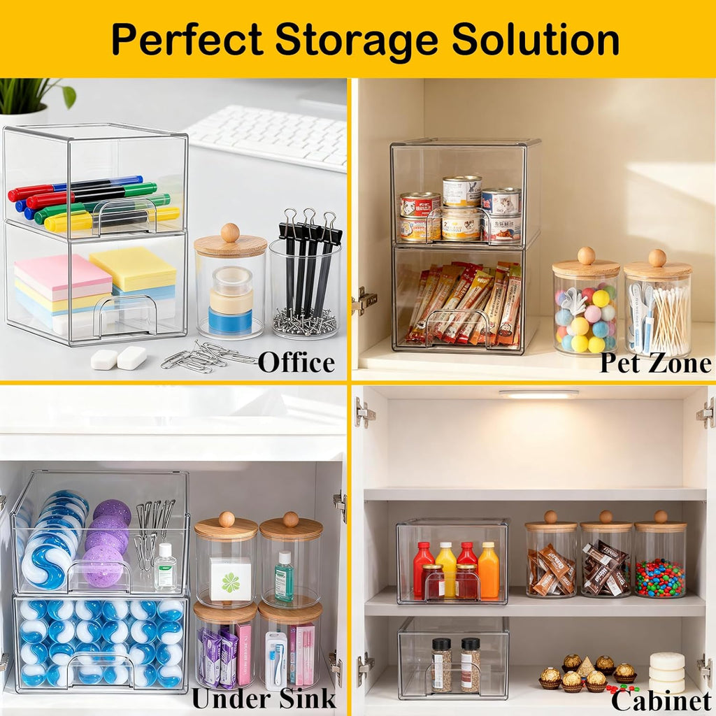 6 Pack Clear Stackable Storage Drawers & Qtip Holder Dispenser with Bamboo Lids, Clear Plastic Storage Containers for Bathroom, Vanity, Undersink, Kitchen Cabinets, Pantry, Home Organization