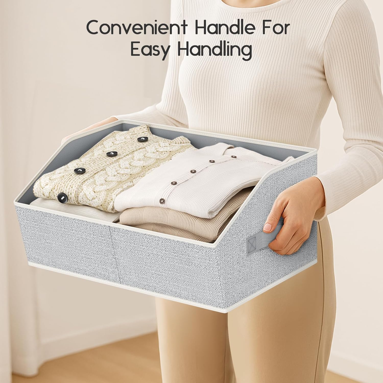 Large Closet Organizers and Storage Bins - 8 Pack Trapezoid Storage Baskets for Shelves, Foldable Fabric Baskets with Handles Ideal for Closet, Basket, Wardrobe and Shelf Storage, Light Grey