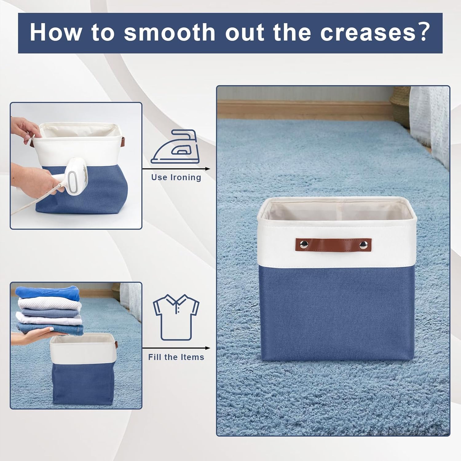 Collapsible Fabric Storage Cubes 11x11 Cube Storage Bins, 4 Pack Closet Baskets Box with Handles for Organizing, Shelf, Toys, Clothes, Home, Office, Nursery (Navyblue&White)