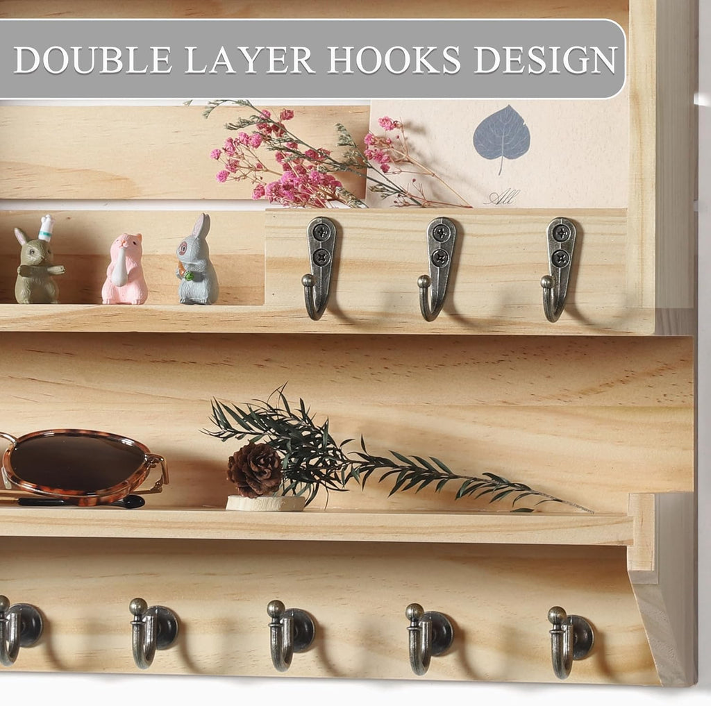 Innovation Key and Mail Holder for Wall, Key Holder Wall Mount, Mail Organizer with 9 Hooks, Natural Color