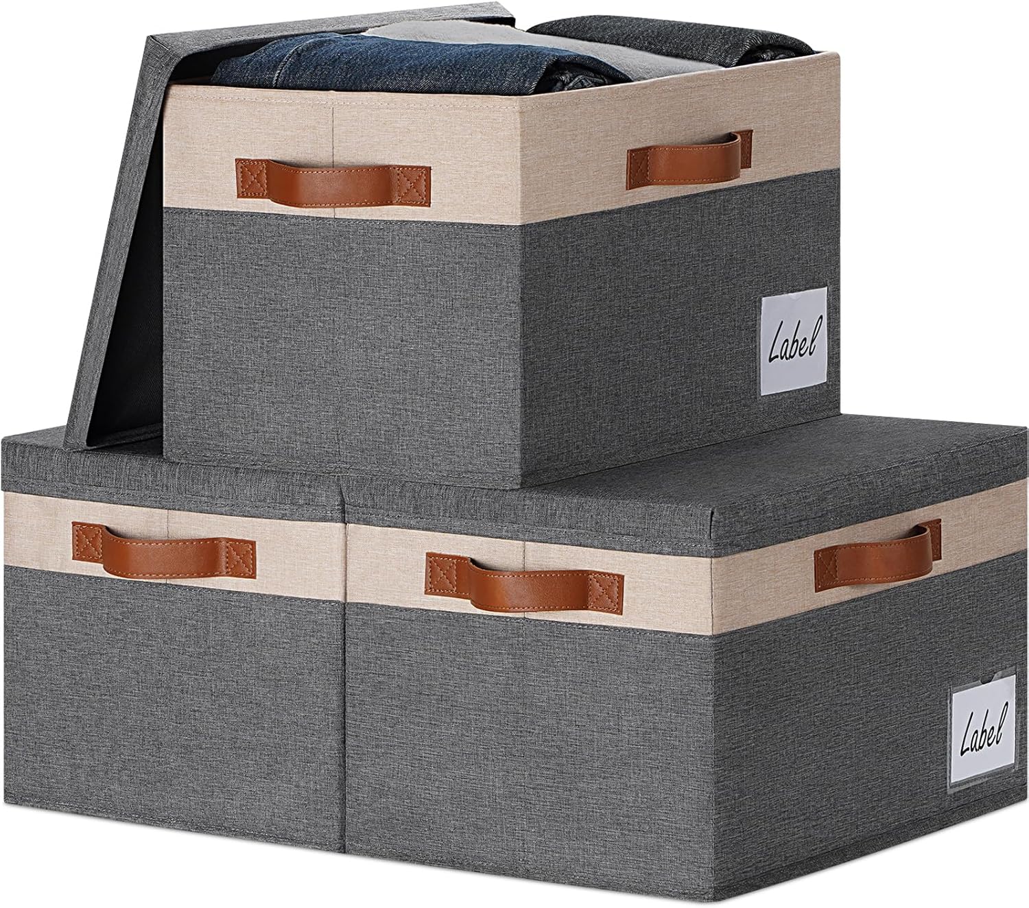 GhvyenntteS Fabric Storage Bins with Lids 3 Pack, Large Fabric Storage Baskets with Lid and Handles, Foldable Closet Organizers and Storage boxes with Label Window for Home (Beige, 15" x 11" x 9.7")