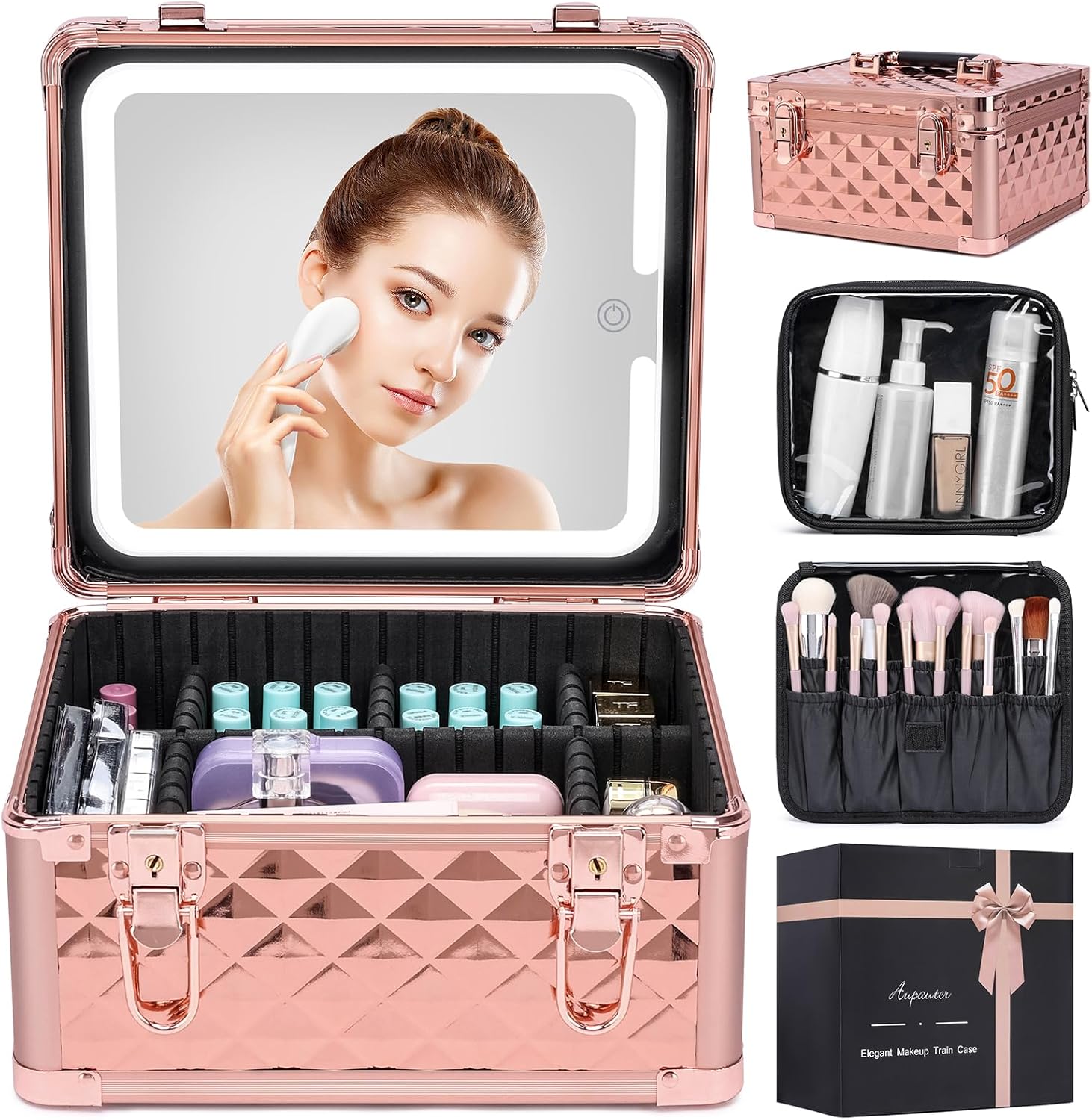Makeup Box with Led Mirror,Travel Train Hard Case with Rechargeable Mirror Adjustable Dividers,Cosmetic Organizer Storage Bag for Makeup Artist,Appropriate Gift for Women Girls,Sparkling Rose Gold