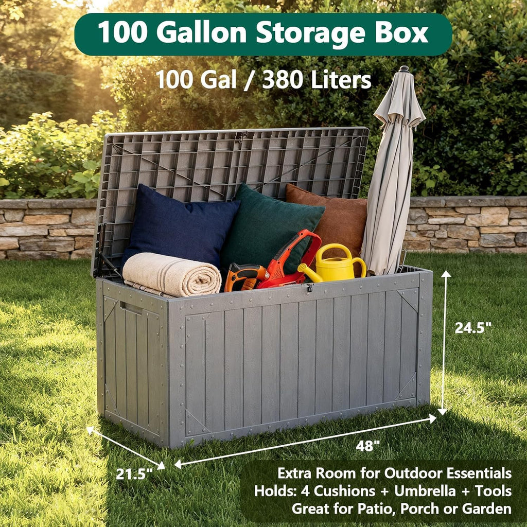 100 Gallon Outdoor Storage Box, Weatherproof Deck Box for Patio Cushions, Throw Pillows, Garden Tools, Lockable Resin Large Outdoor Storage Bench for Yard, Porch, or Balcony