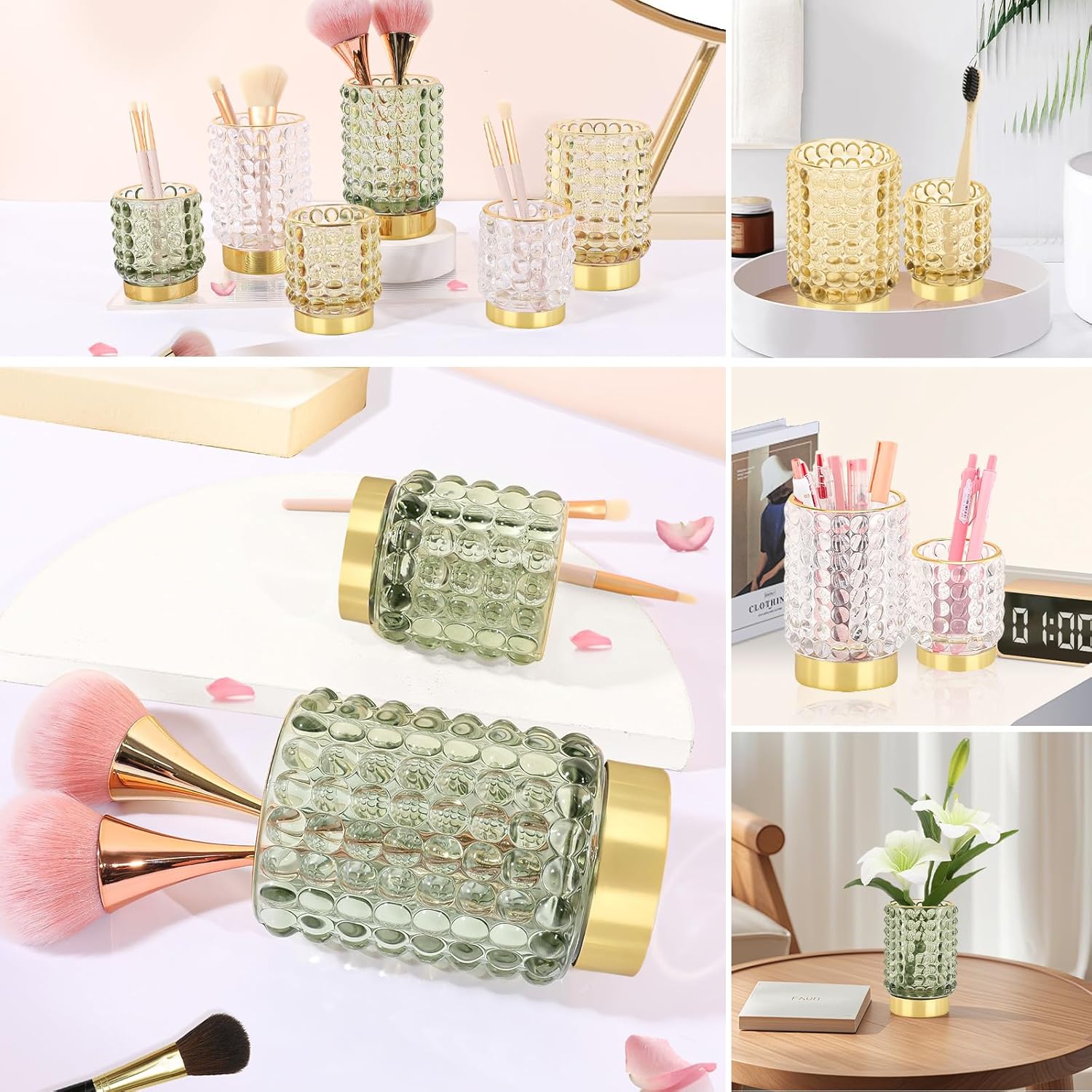 DASITON Makeup Brush Holder Organizer, Crystal Cosmetic Make Up Brush Holder, Glass Makeup Brushes Storage Organizer, Vintage Make Up Cup Desk Pen Pencil Holder, Toothbrush Holders (Green S+L)