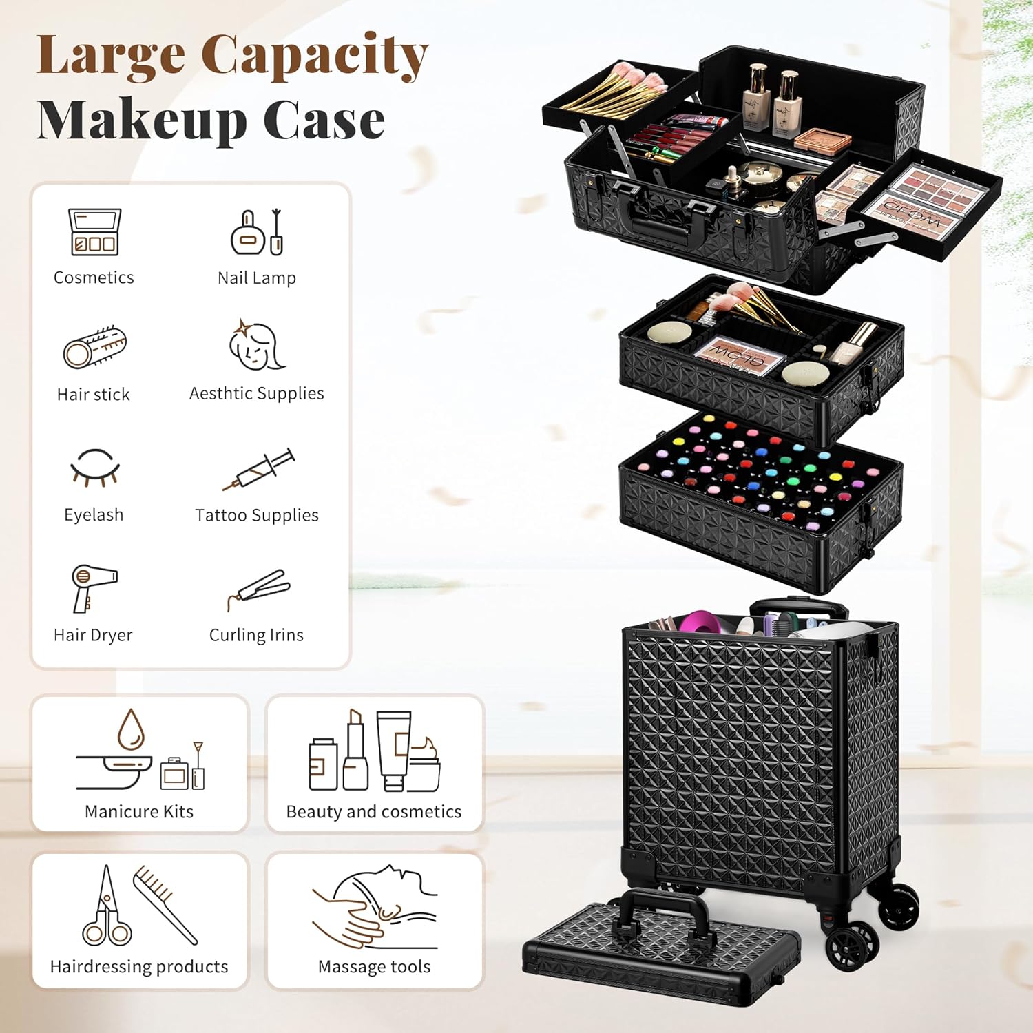 AROUS 5 in 1 Rolling Makeup Train Case Cosmetology Case on Wheels Large Cosmetic Organizer Travel Cart for Hairstylist Artist Nail Beauty Salon Barber,Black