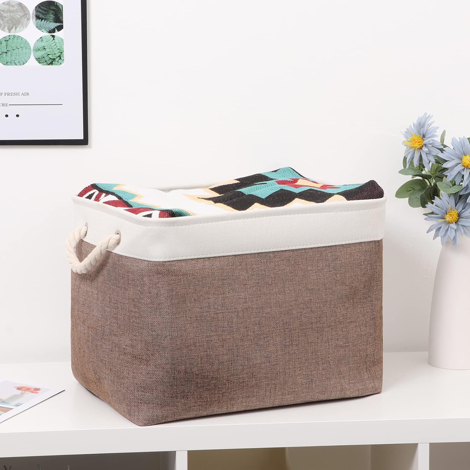 Bidtakay Large Storage Baskets with Handles for Organizing 16" x 11.8" x 11.8" Rustic Shelf Baskets [2-Pack] Foldable Clothes Baskets Fabric Collapsible Bins for Closet (White&Earthy Brown)